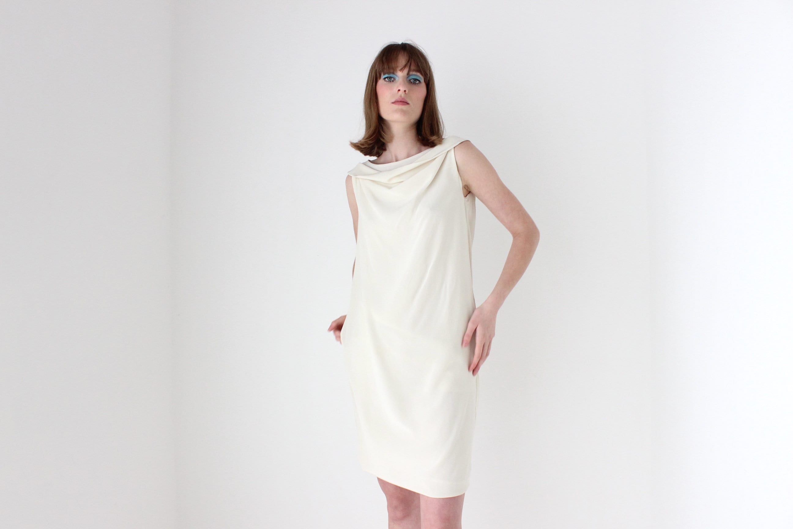 Moschino 90s Ivory Silk Draped Cocktail Dress
