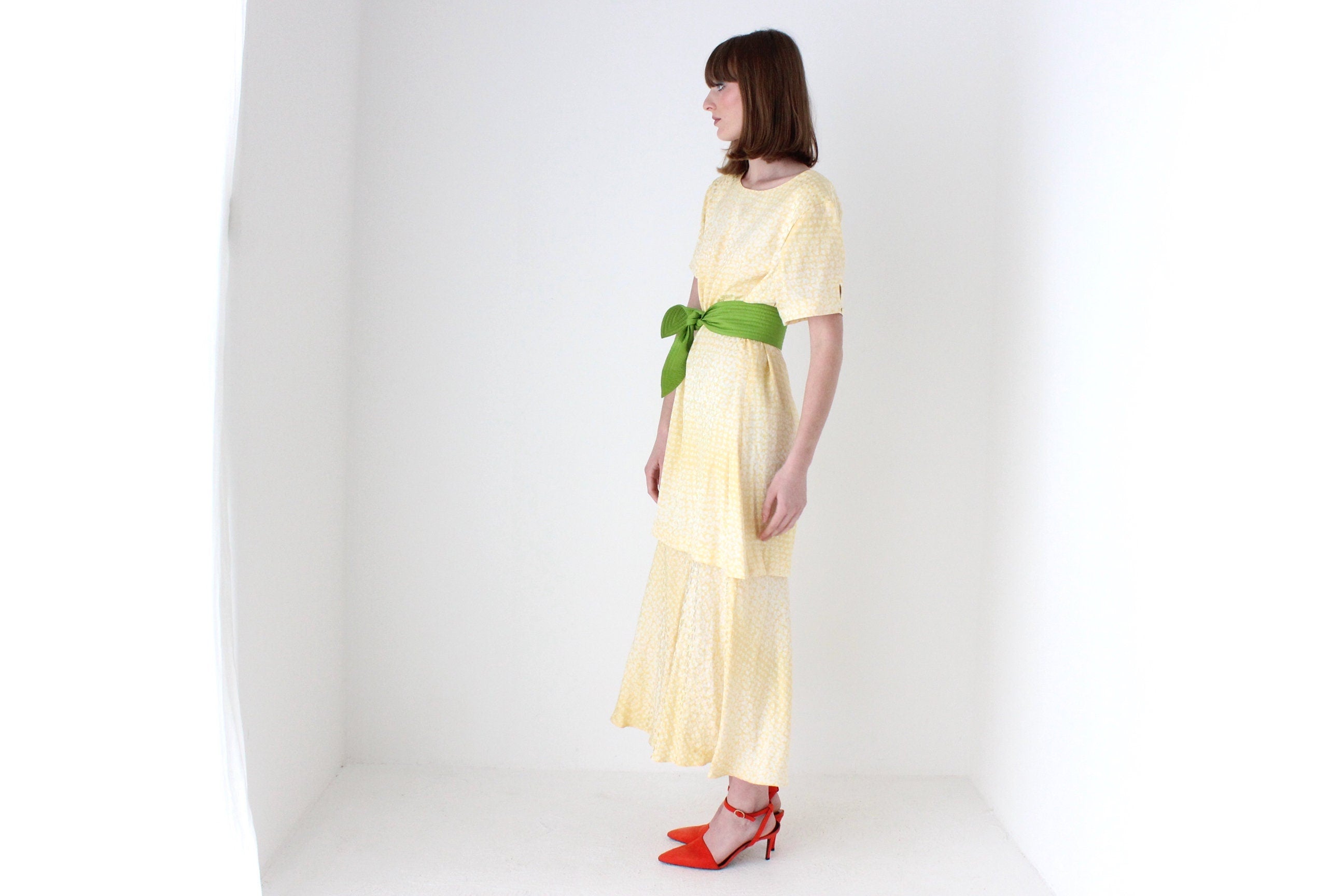 80s Pastel ~ Pure Silk ~ Relaxed Garden Party Dress w/ Green Sash Belt