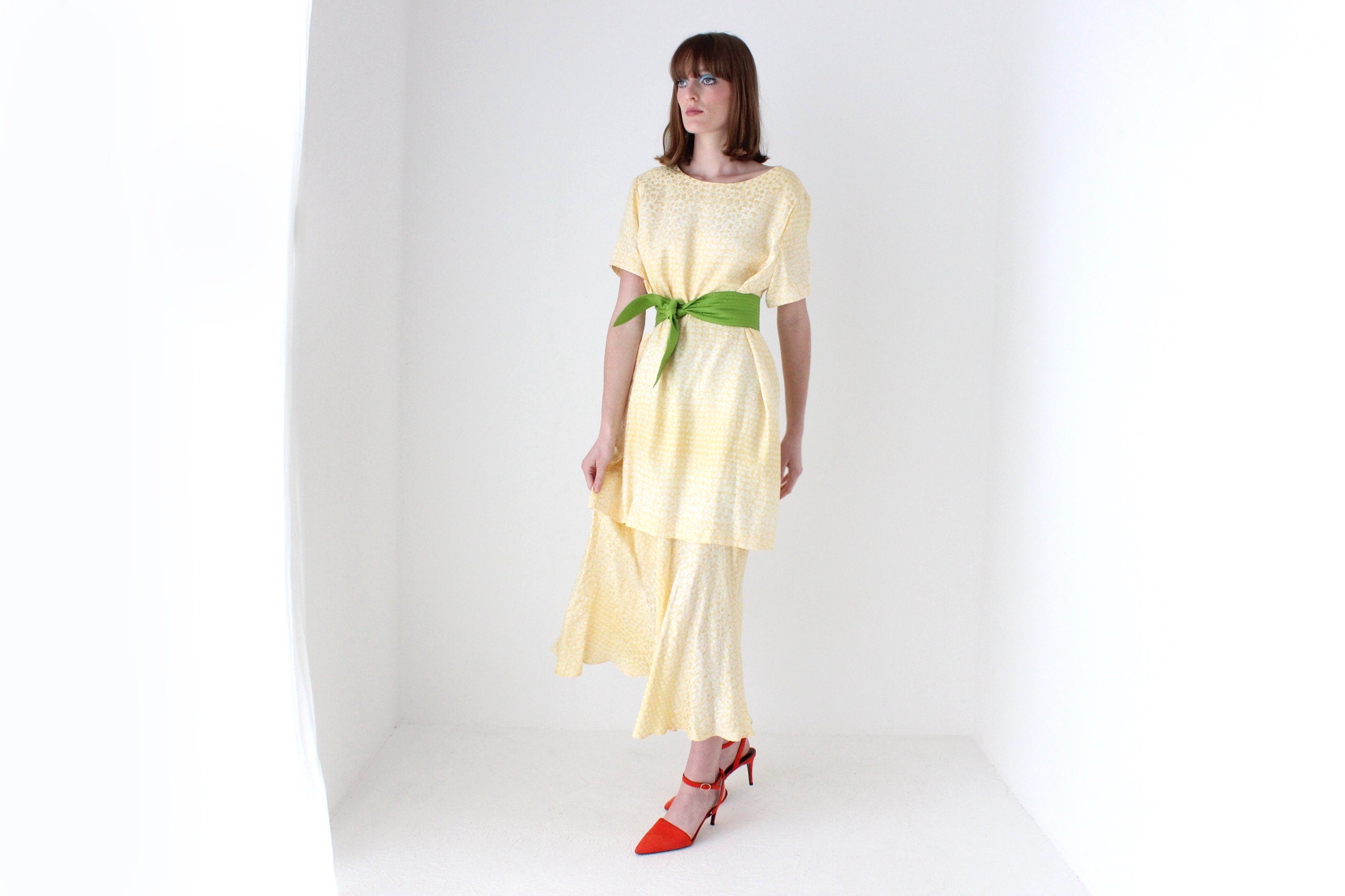 80s Pastel ~ Pure Silk ~ Relaxed Garden Party Dress w/ Green Sash Belt
