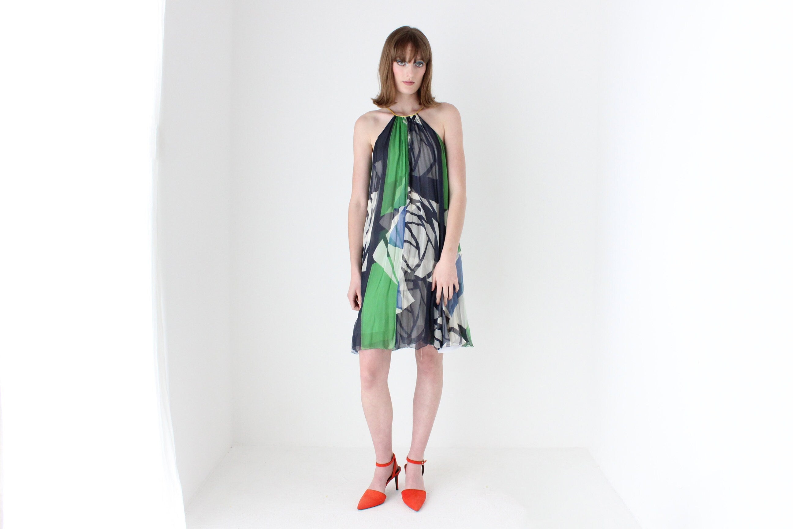Y2K Designer CATHERINE MALANDRINO Patchwork Silk Trapeze Dress