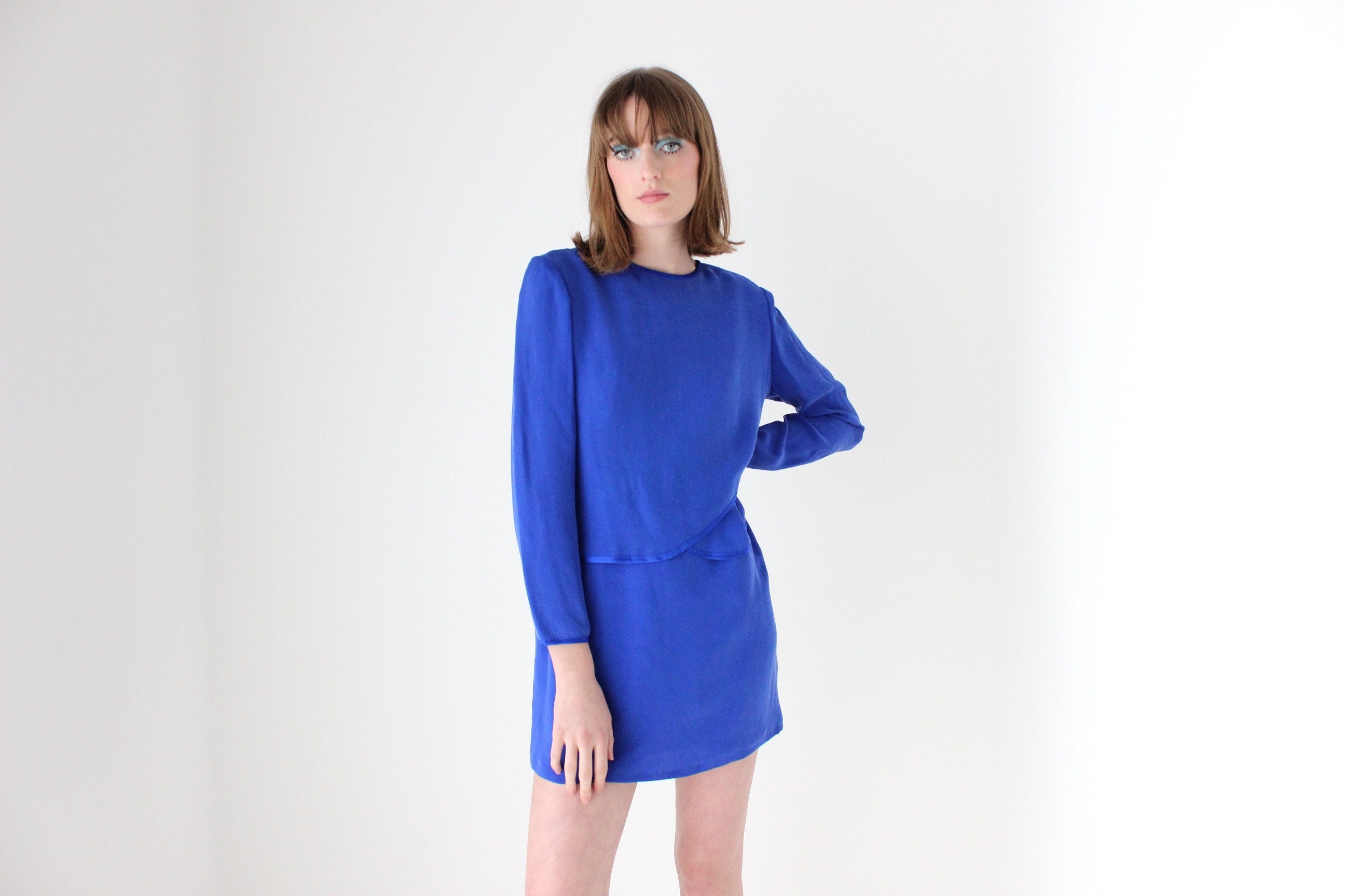 80s Cobalt Silk Long Sleeve Mini Shift Dress