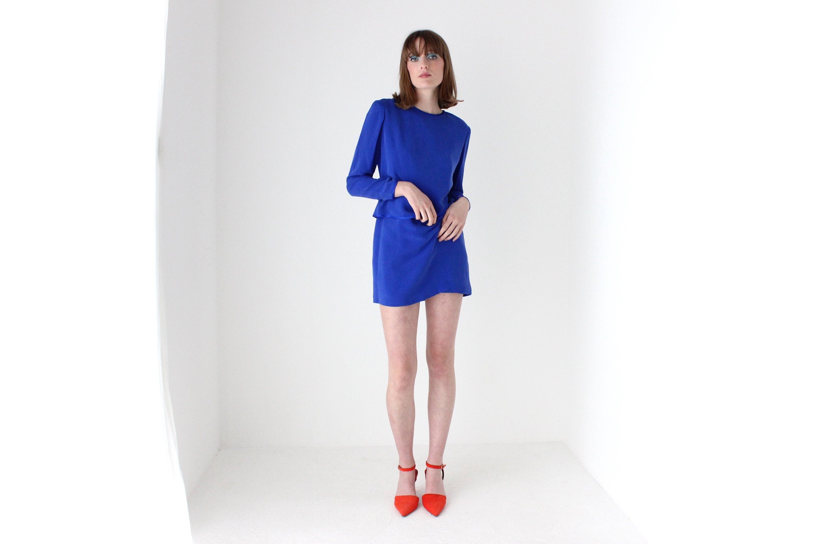 80s Cobalt Silk Long Sleeve Mini Shift Dress