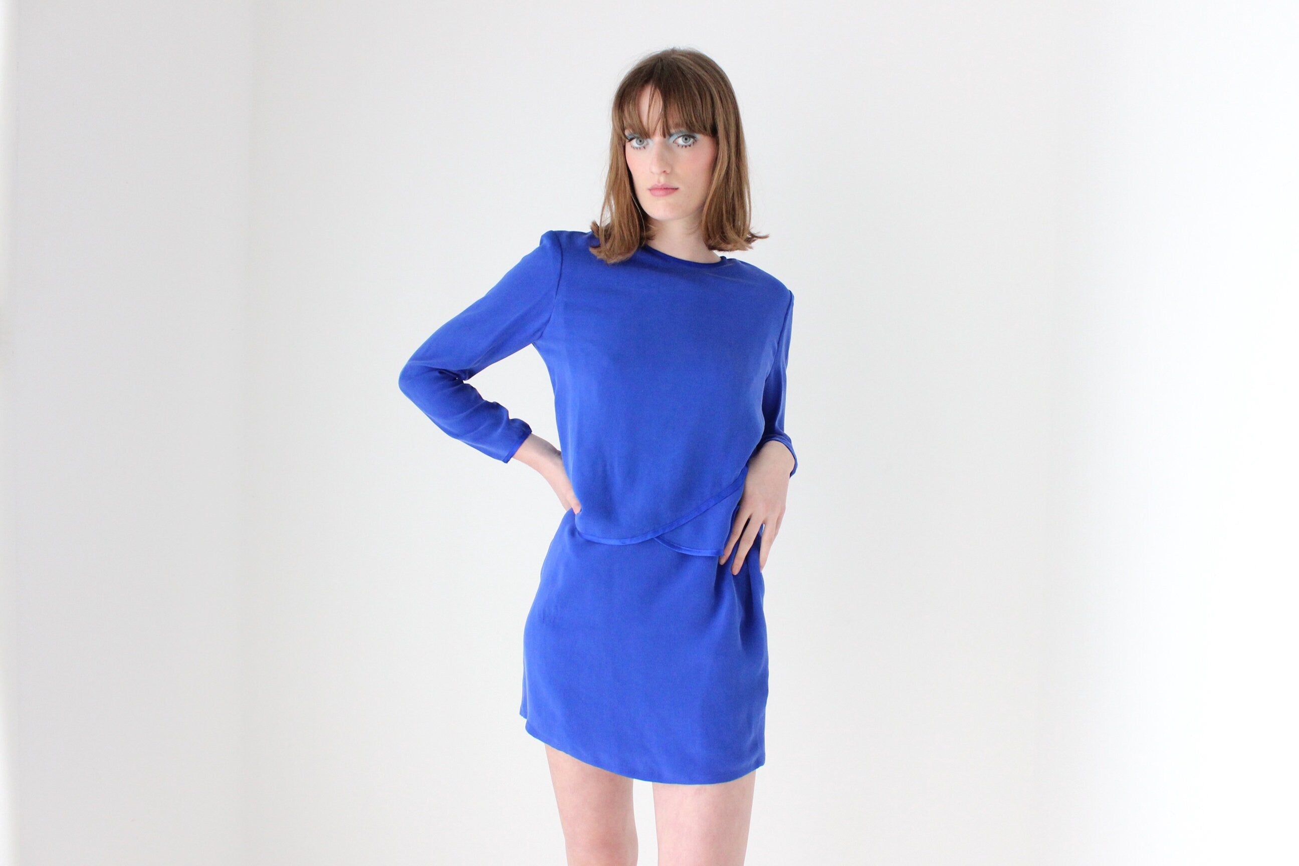 80s Cobalt Silk Long Sleeve Mini Shift Dress