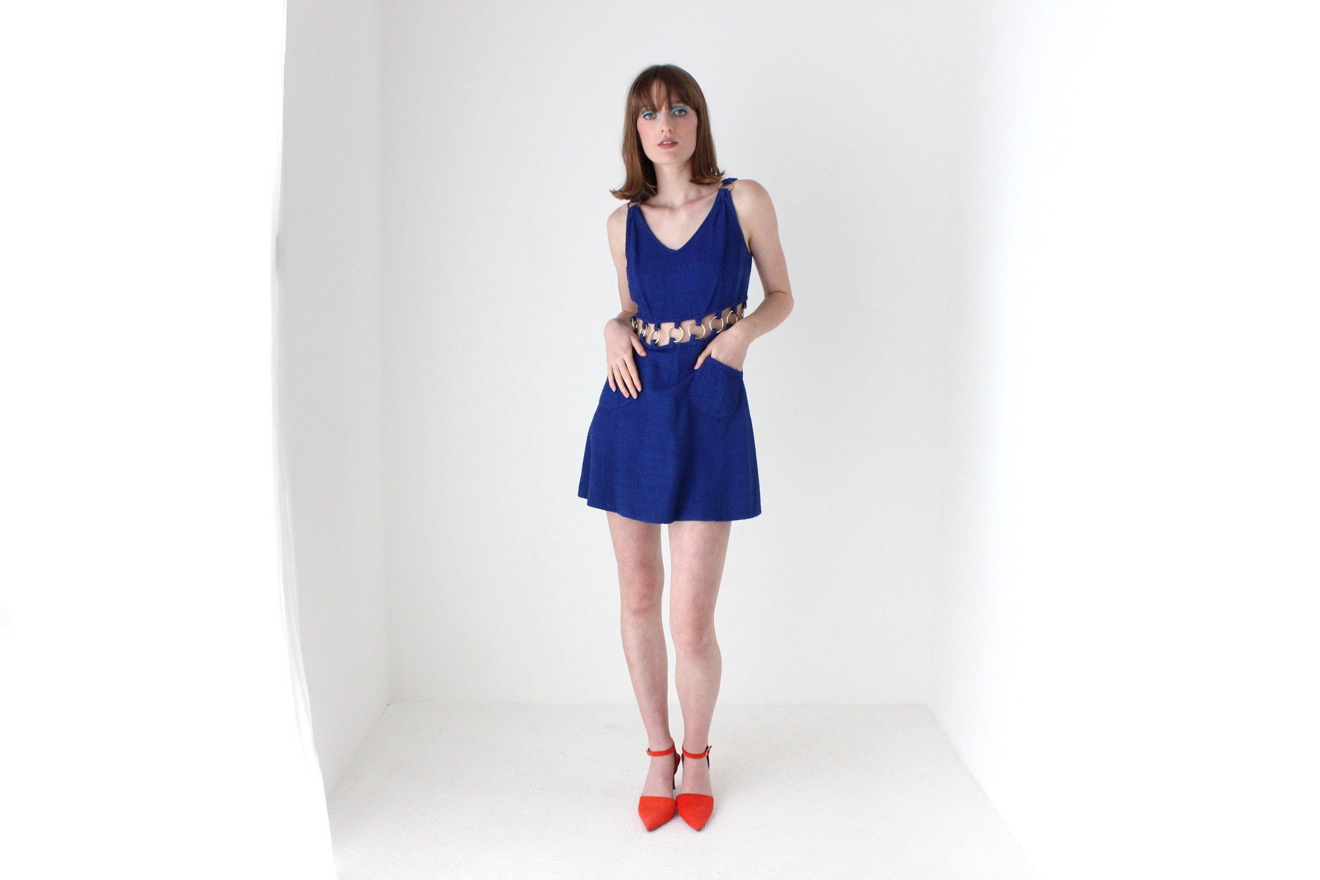 70s French Vintage Towelling Mini w/ Gold O-Ring Cut Outs