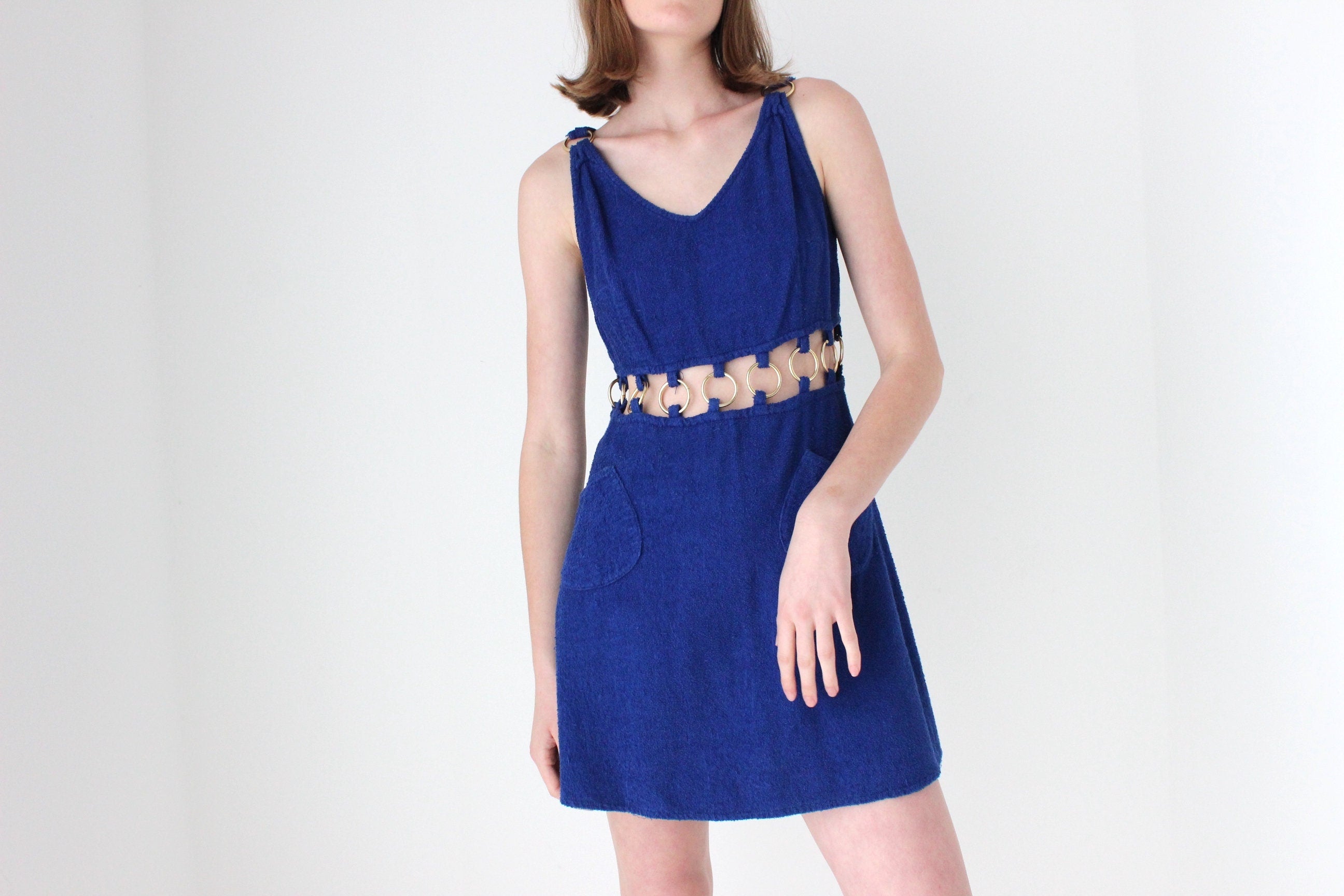 70s French Vintage Towelling Mini w/ Gold O-Ring Cut Outs