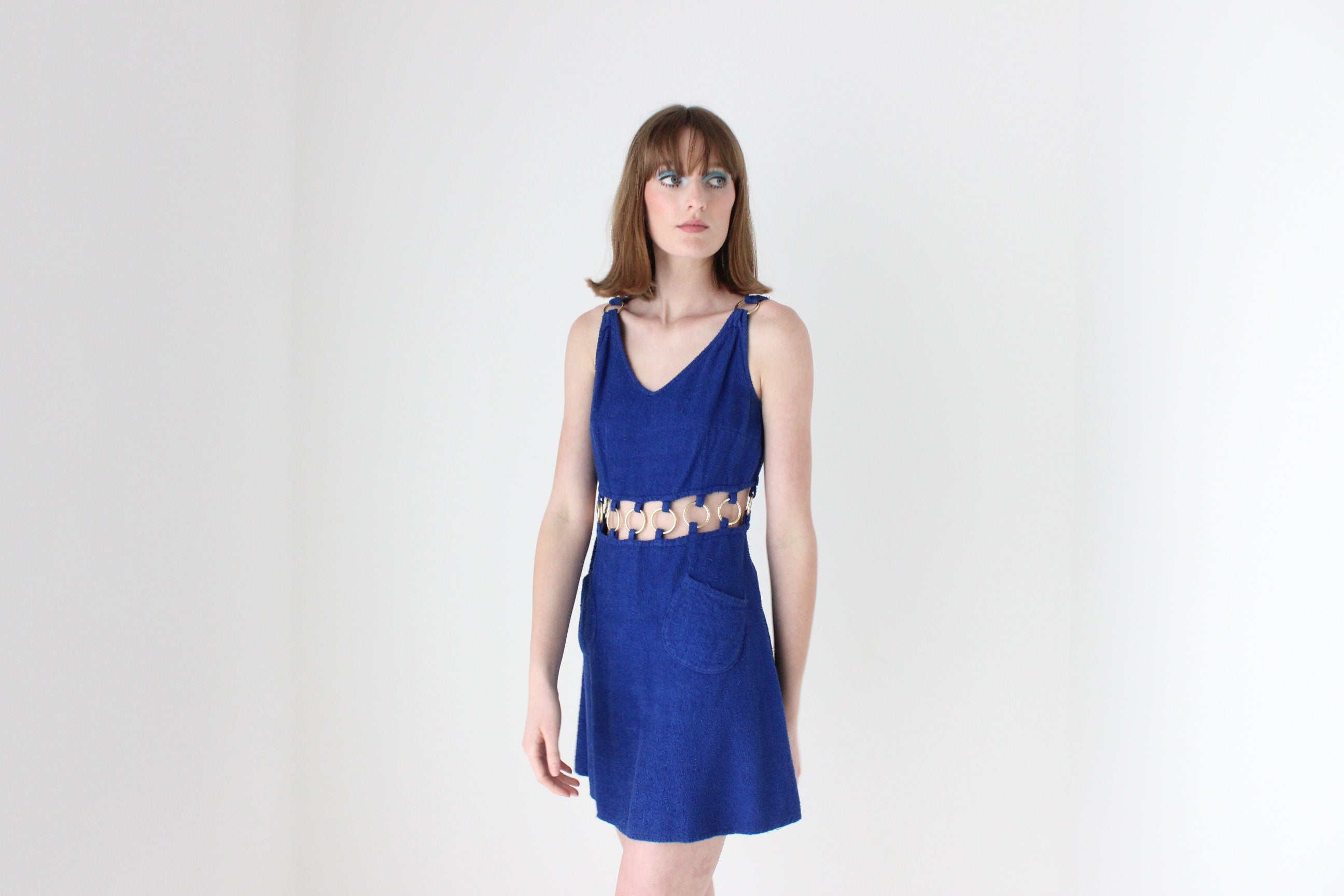 70s French Vintage Towelling Mini w/ Gold O-Ring Cut Outs