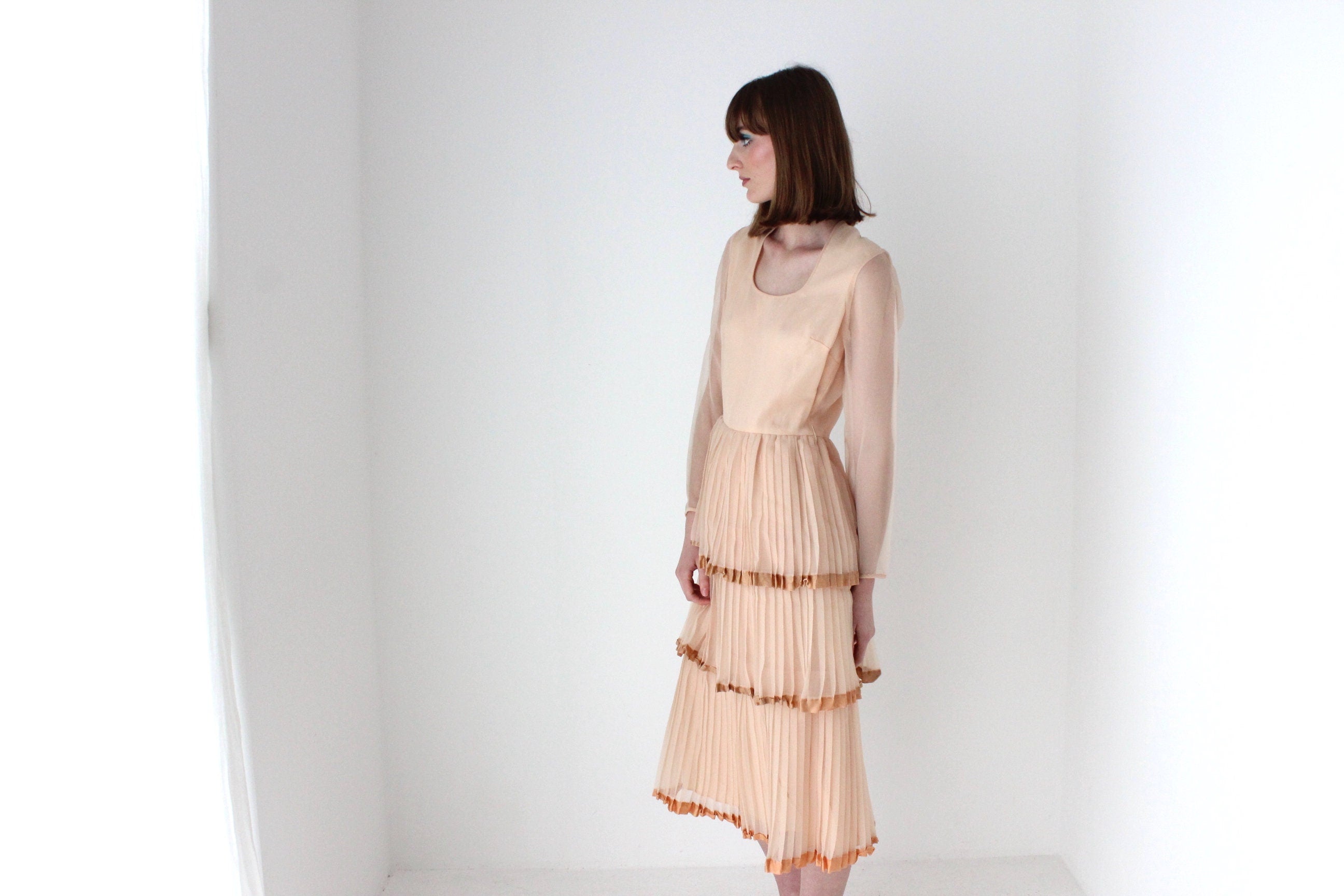 70s Tiered Pleated Pastel Cocktail Dress