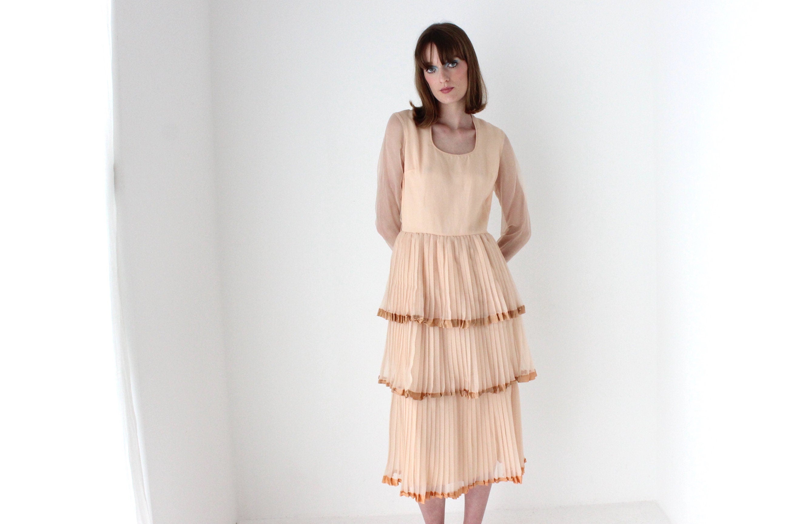 70s Tiered Pleated Pastel Cocktail Dress