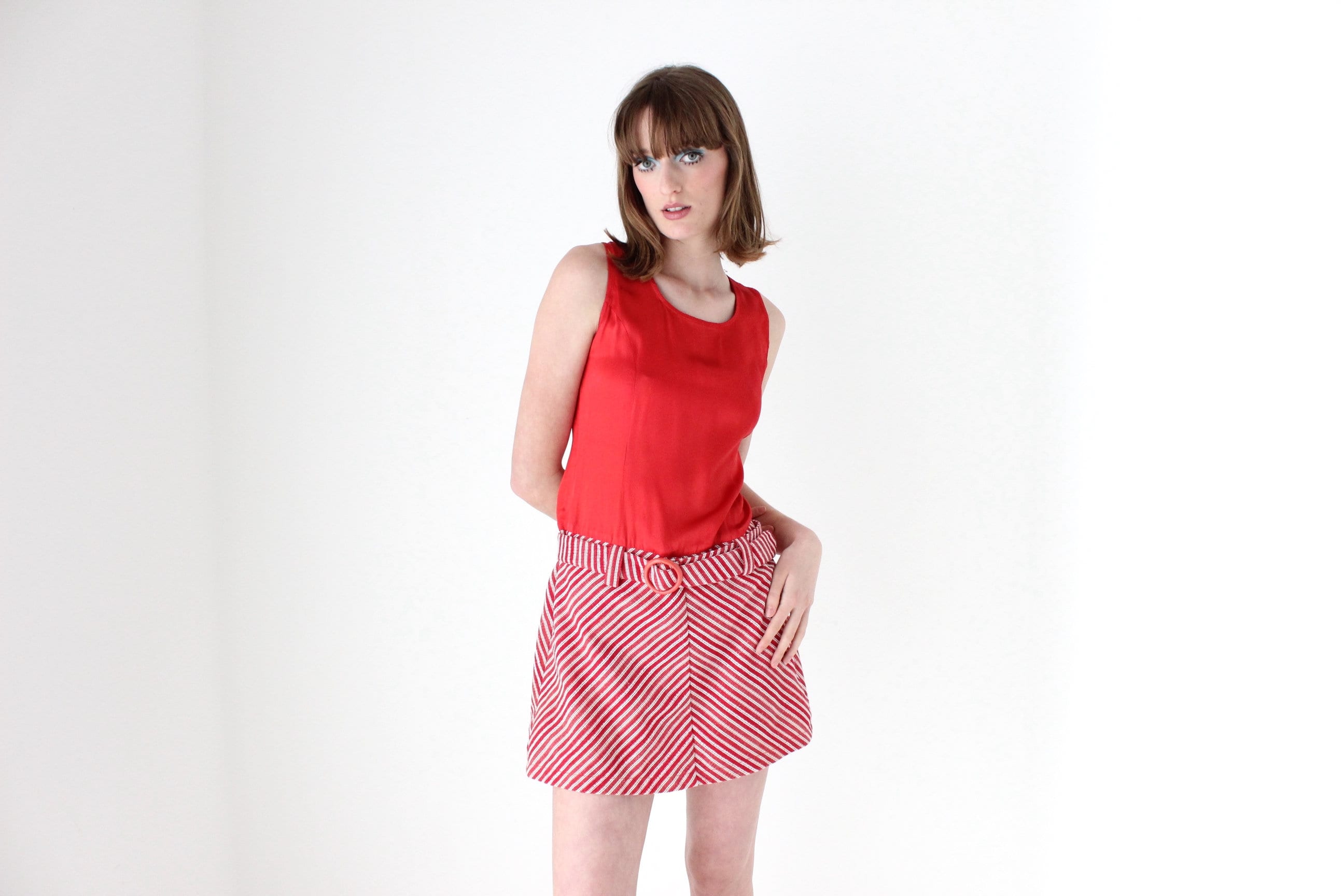 70s Mod A-Line Chevron Mini Dress w/ Matching Belt