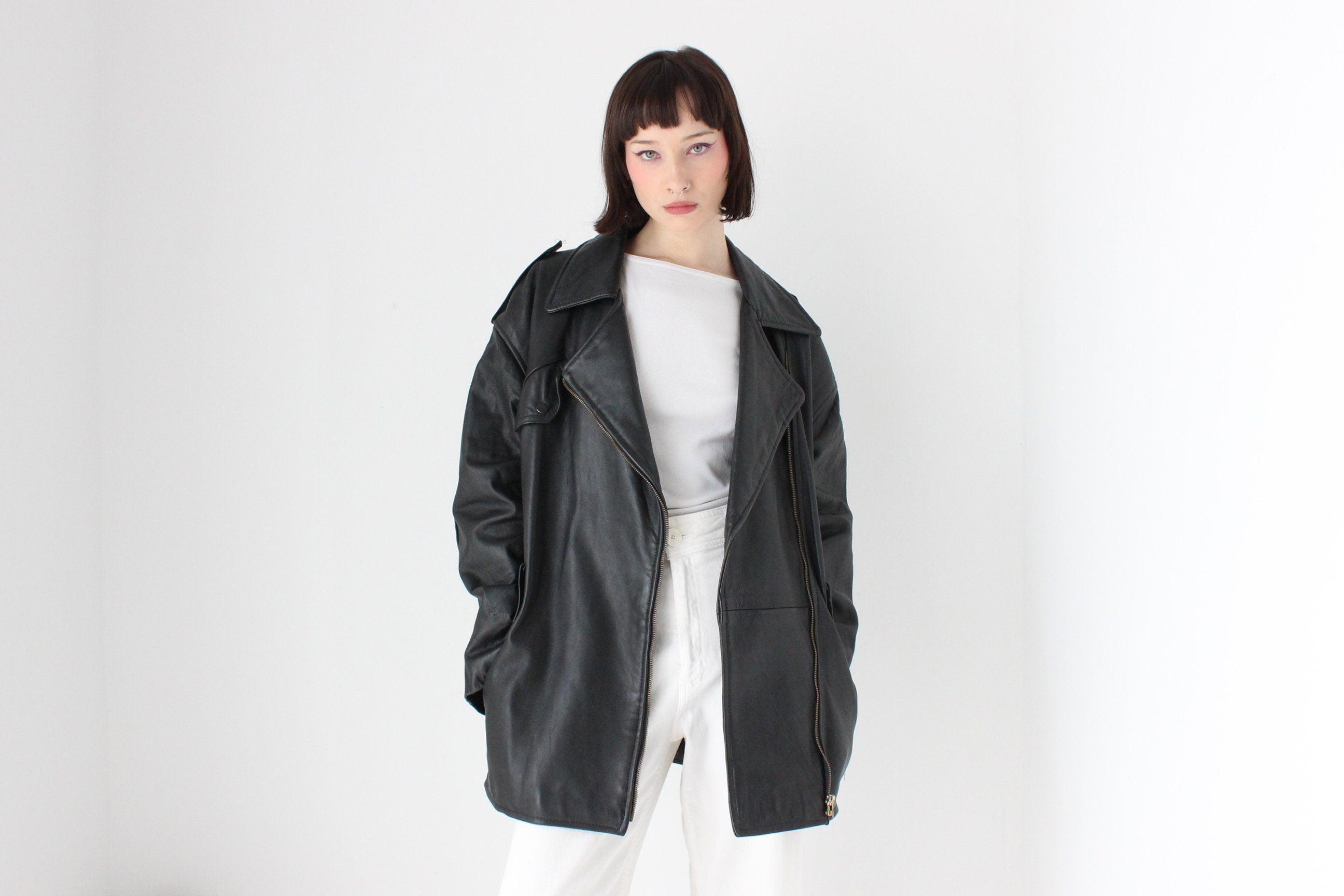 Oversized XXL 90s Boyfriend {Genuine Leather} Boxy Moto Jacket