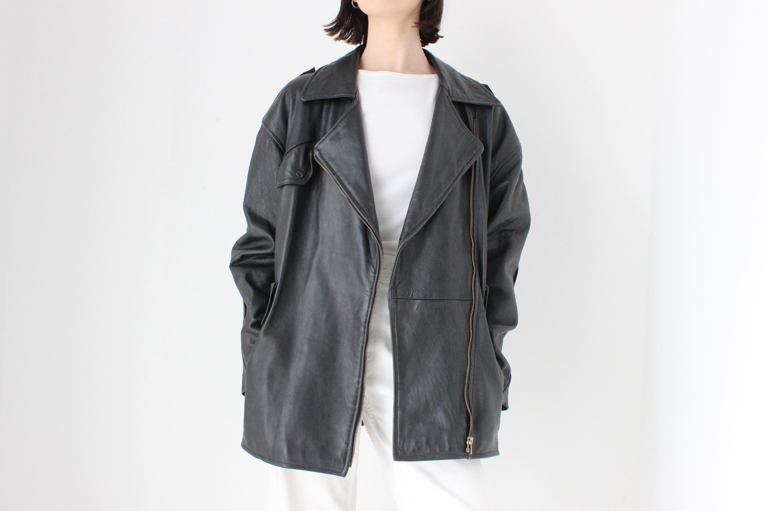 Oversized XXL 90s Boyfriend {Genuine Leather} Boxy Moto Jacket