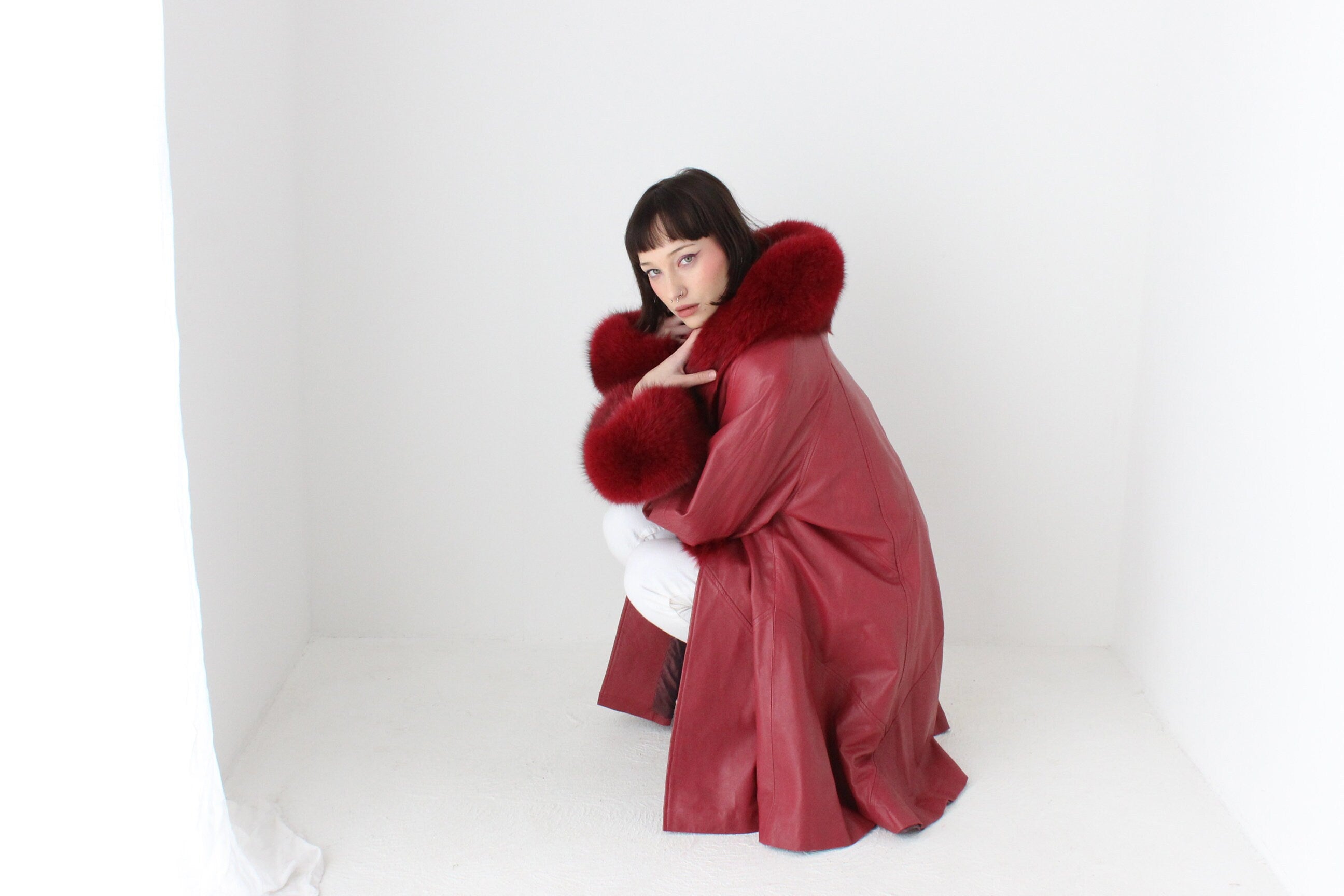 Outstanding 1980s Soft Lambskin Leather + Lush Genuine Fur Free Size Swing Coat
