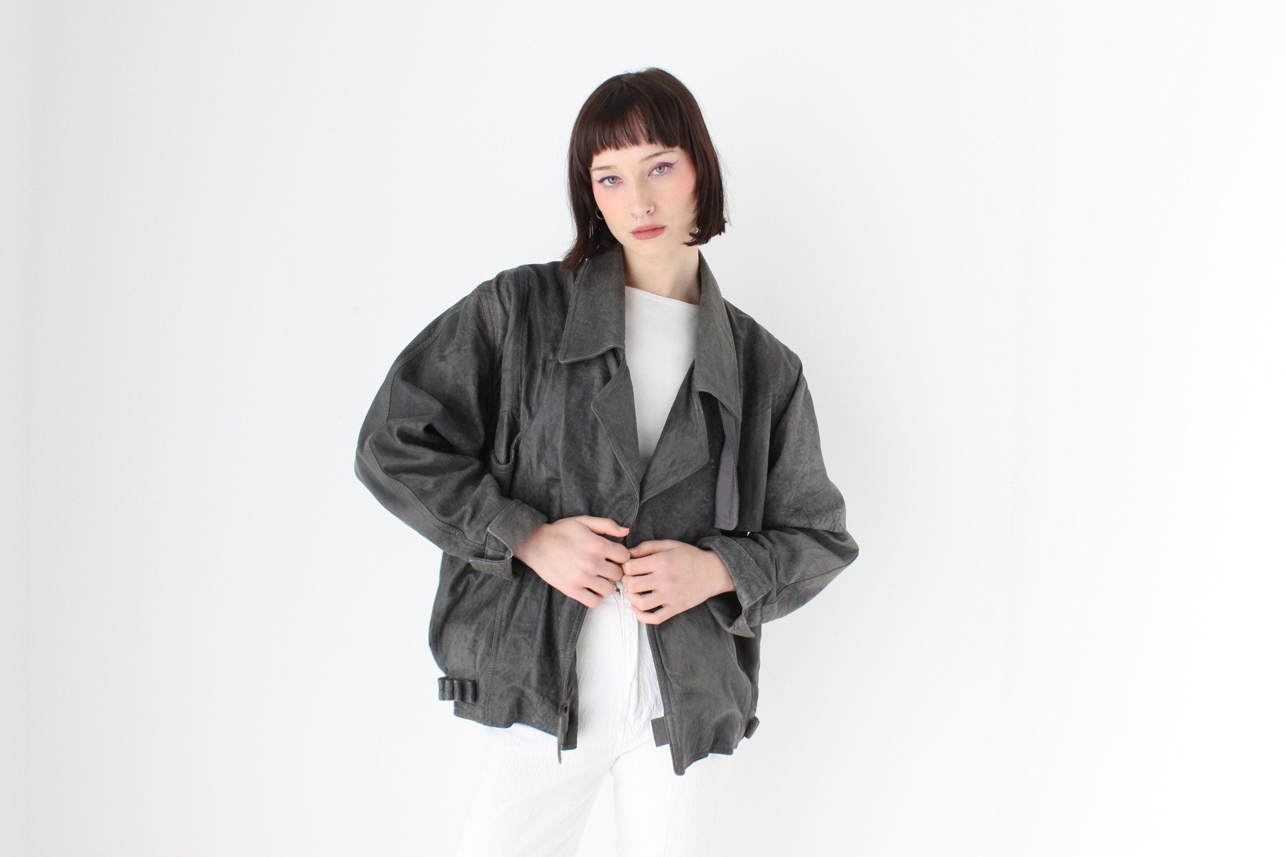 80s Acid Wash Sueded Leather Bomber w/ Feature Brass "Hook" Closure