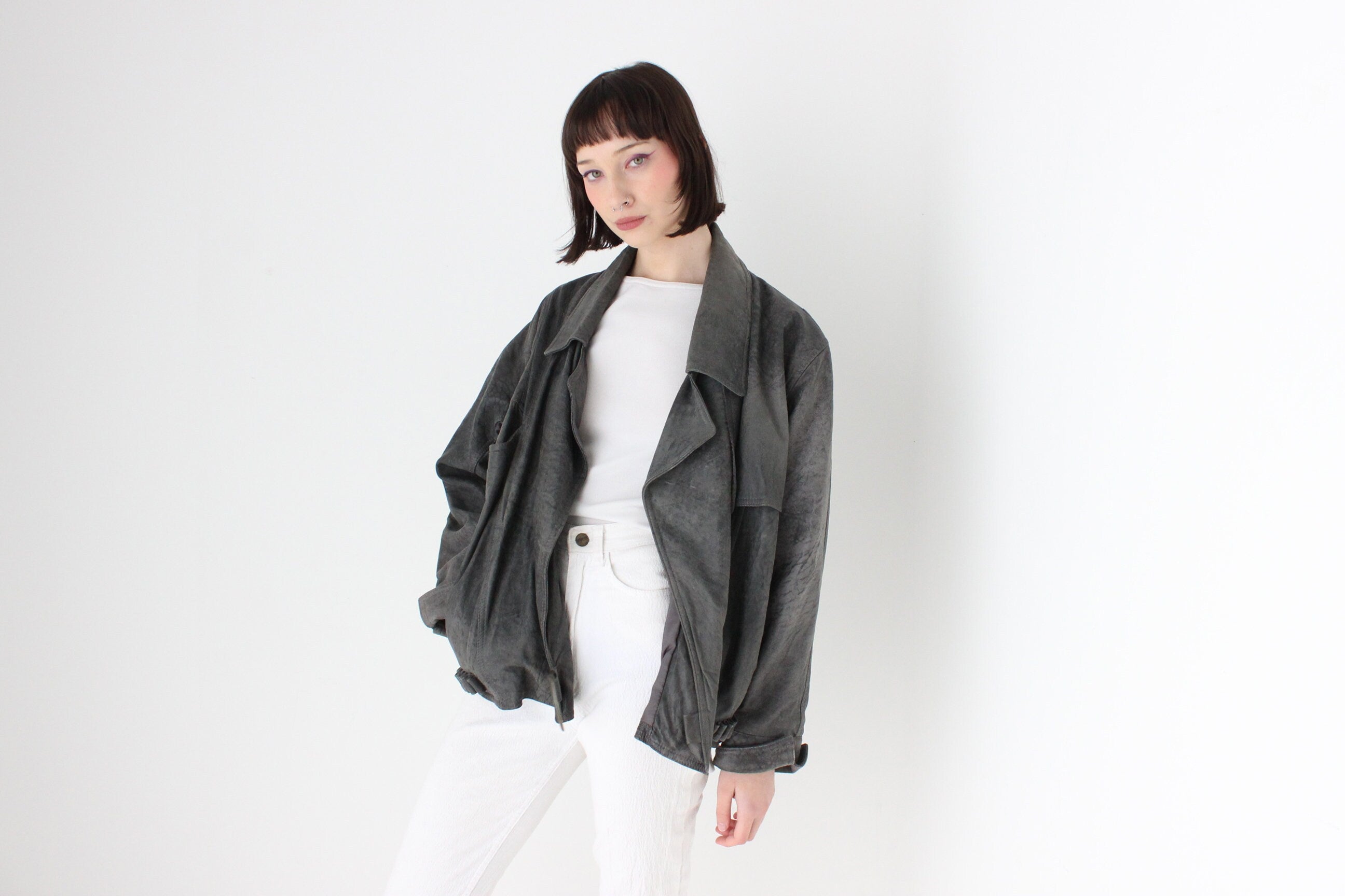 80s Acid Wash Sueded Leather Bomber w/ Feature Brass "Hook" Closure