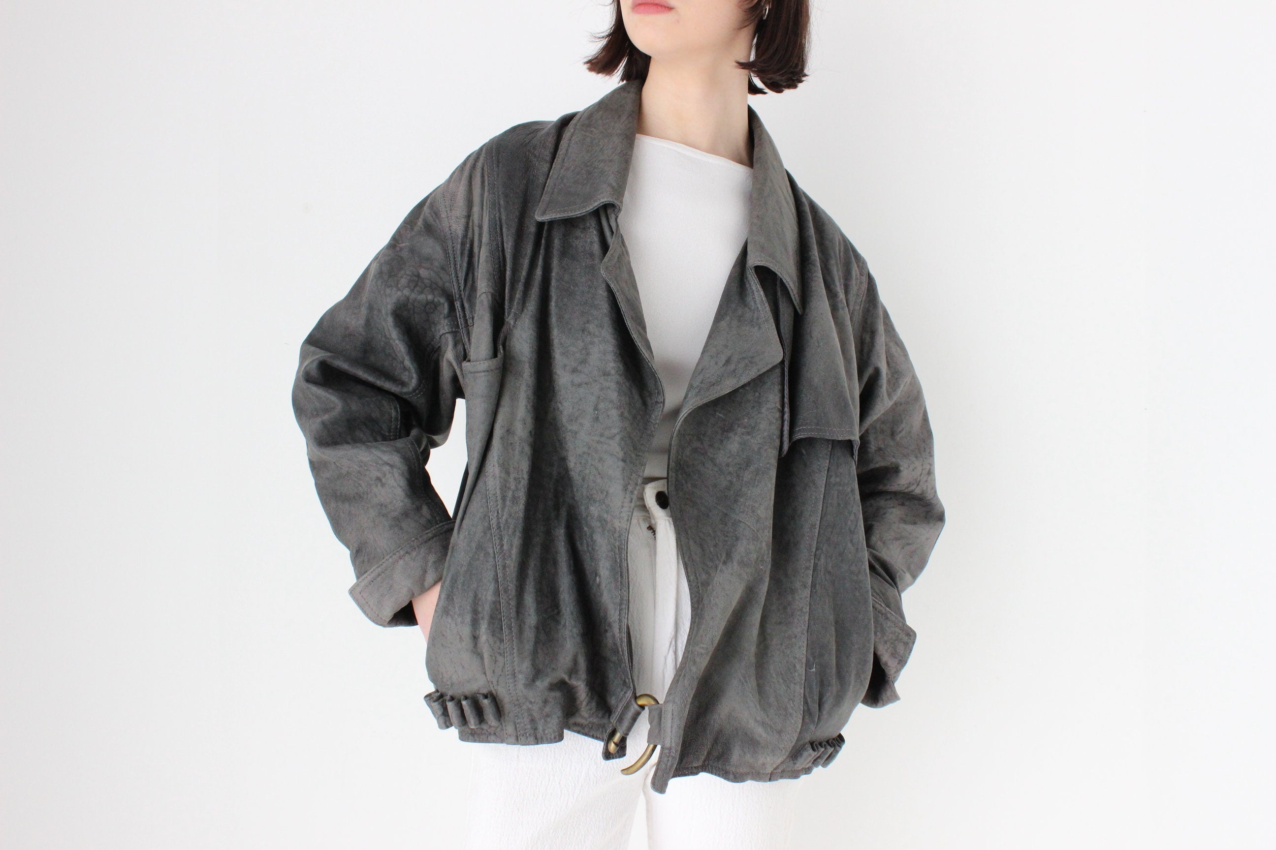 80s Acid Wash Sueded Leather Bomber w/ Feature Brass "Hook" Closure