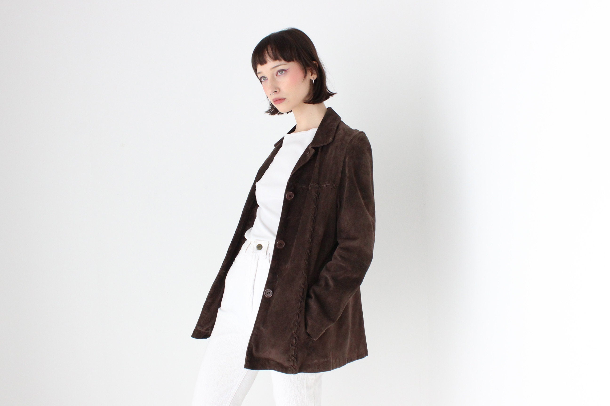 90s Does 70s Chocolate SUEDE Criss-Cross Stitch Jacket