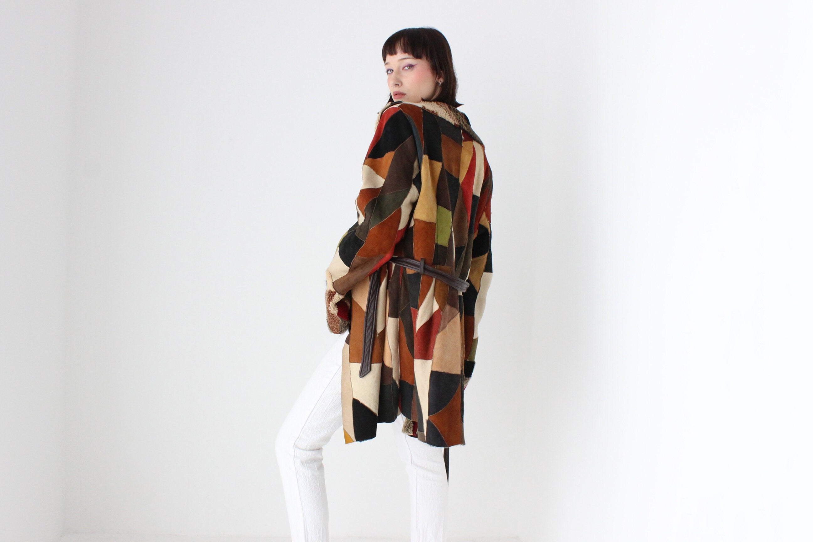 MAGNIFICENT {GENUINE SHEARLING} Rainbow Sheepskin Patchwork 90s does 70s Multi Colour Suede Coat