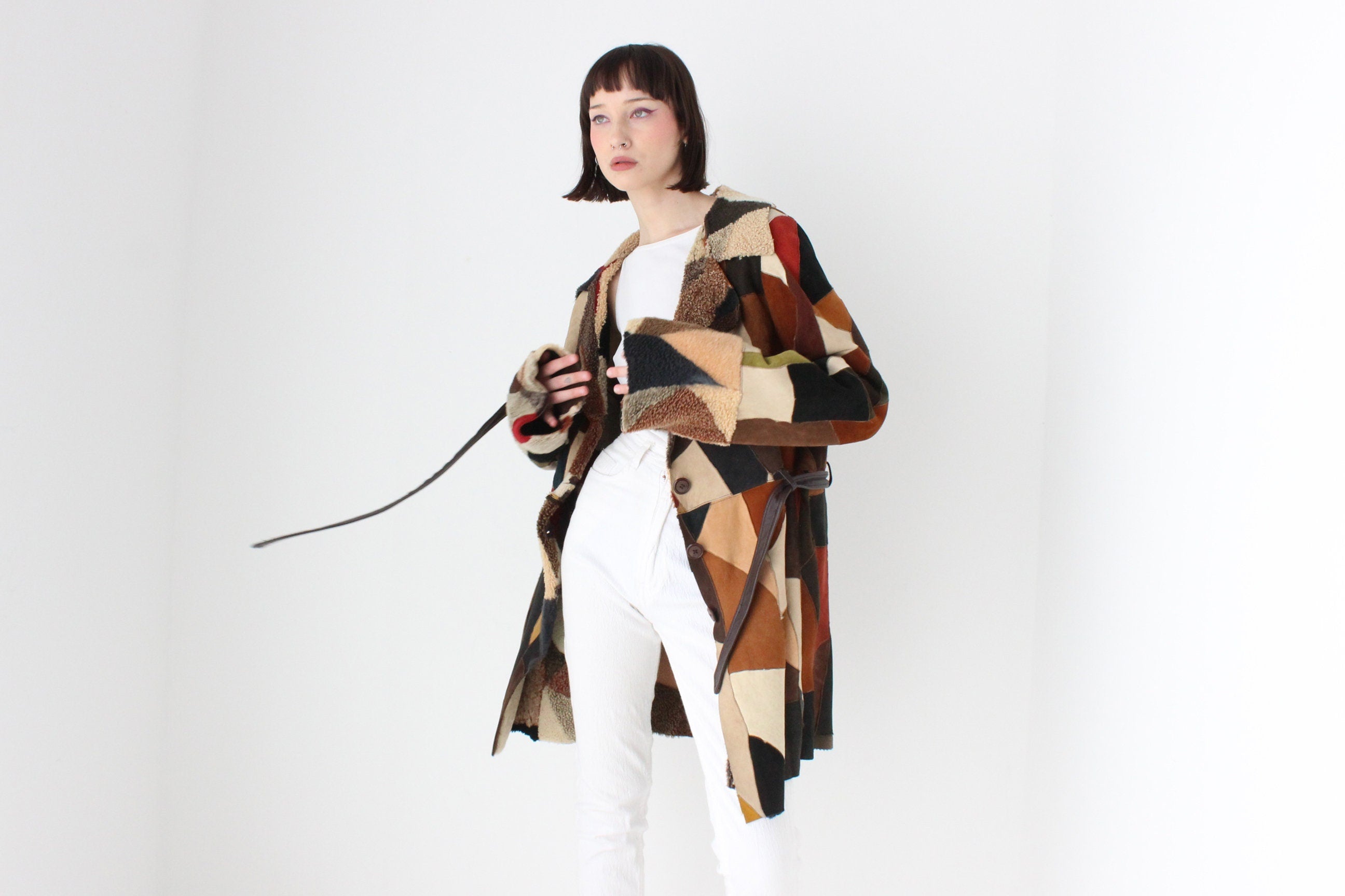 MAGNIFICENT {GENUINE SHEARLING} Rainbow Sheepskin Patchwork 90s does 70s Multi Colour Suede Coat