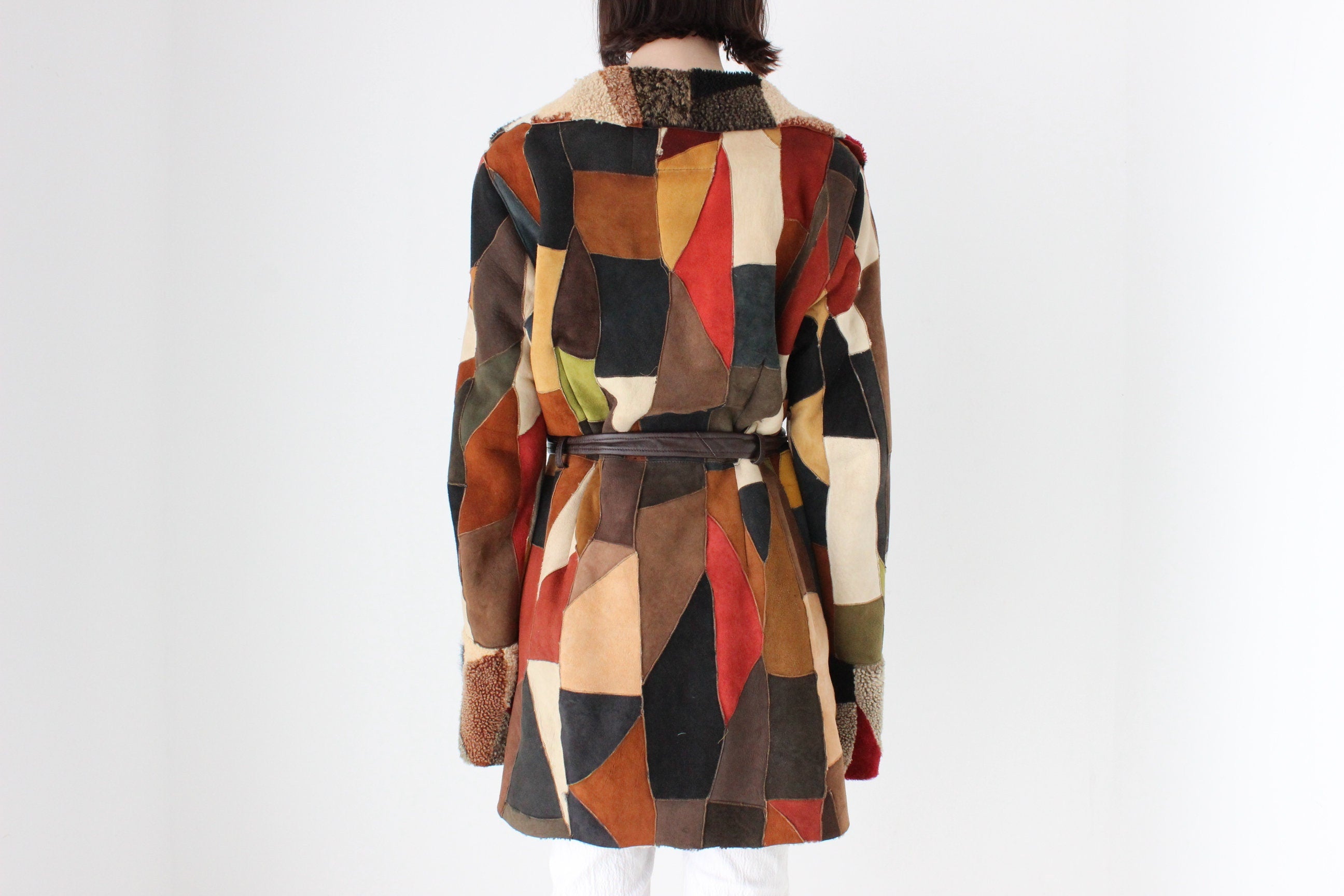 MAGNIFICENT {GENUINE SHEARLING} Rainbow Sheepskin Patchwork 90s does 70s Multi Colour Suede Coat