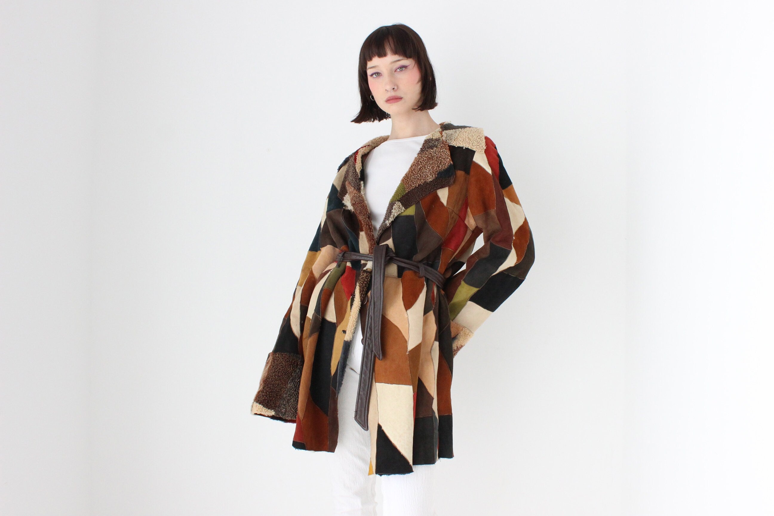 MAGNIFICENT {GENUINE SHEARLING} Rainbow Sheepskin Patchwork 90s does 70s Multi Colour Suede Coat