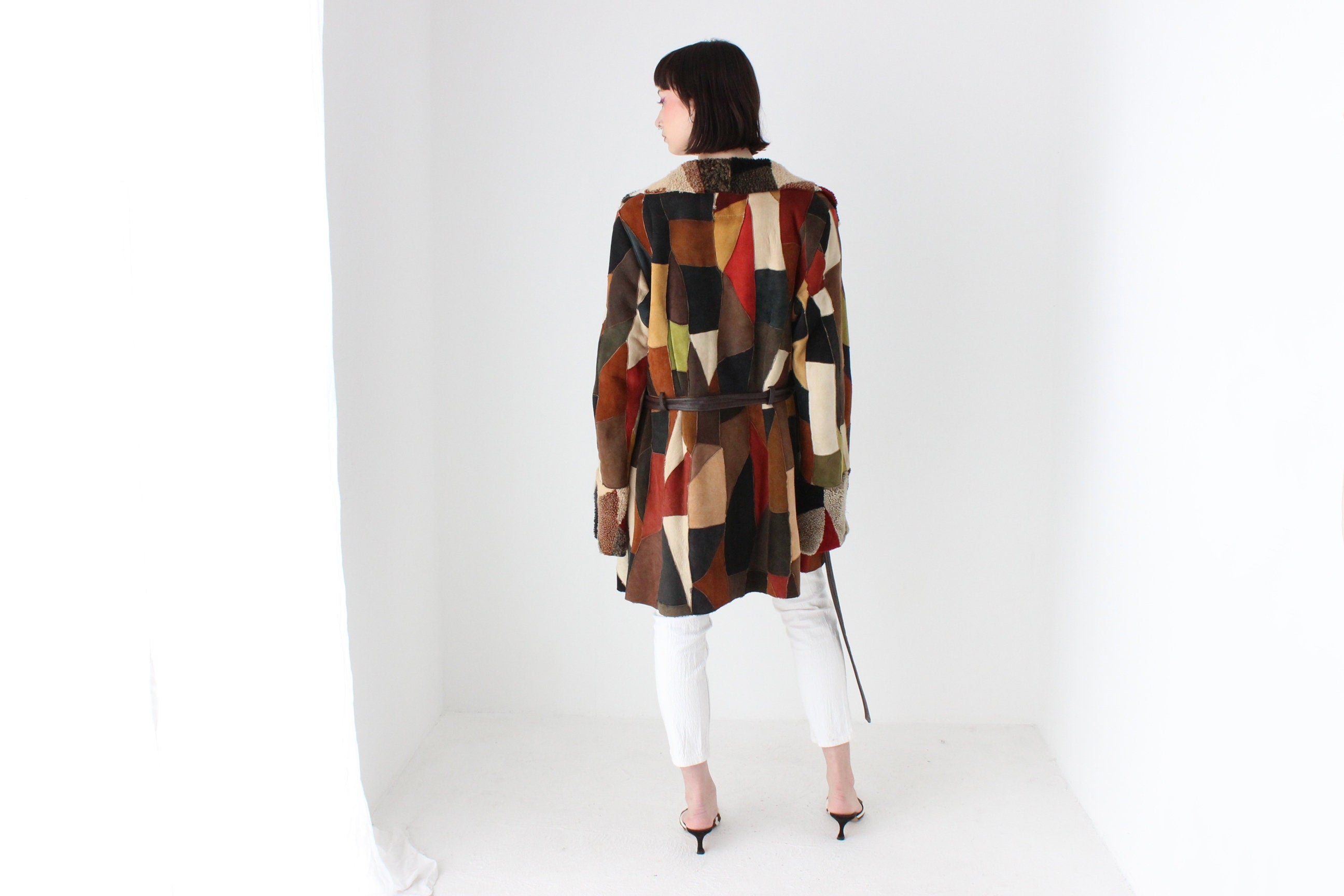 MAGNIFICENT {GENUINE SHEARLING} Rainbow Sheepskin Patchwork 90s does 70s Multi Colour Suede Coat