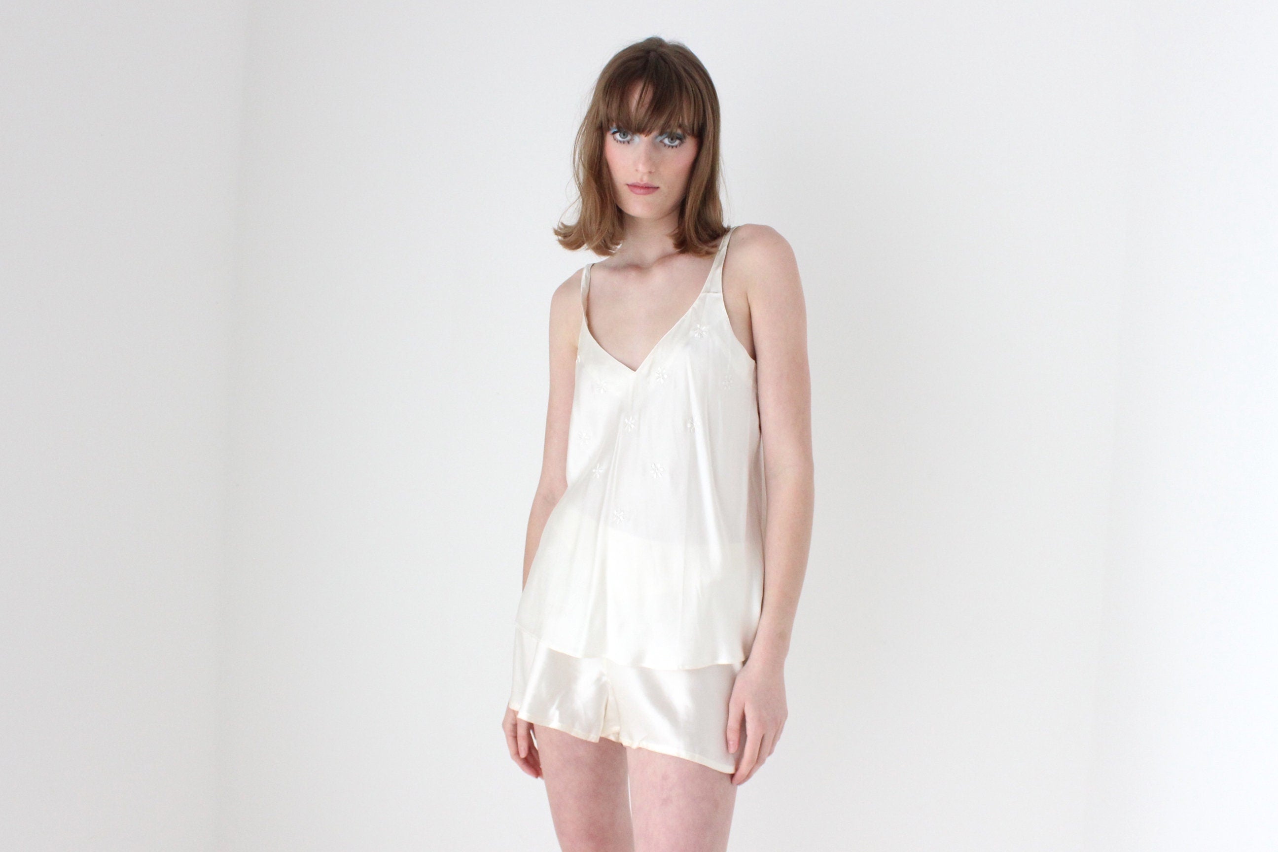 90s PURE SILK Snow White Minimal Top & Shorts Pyjama Set