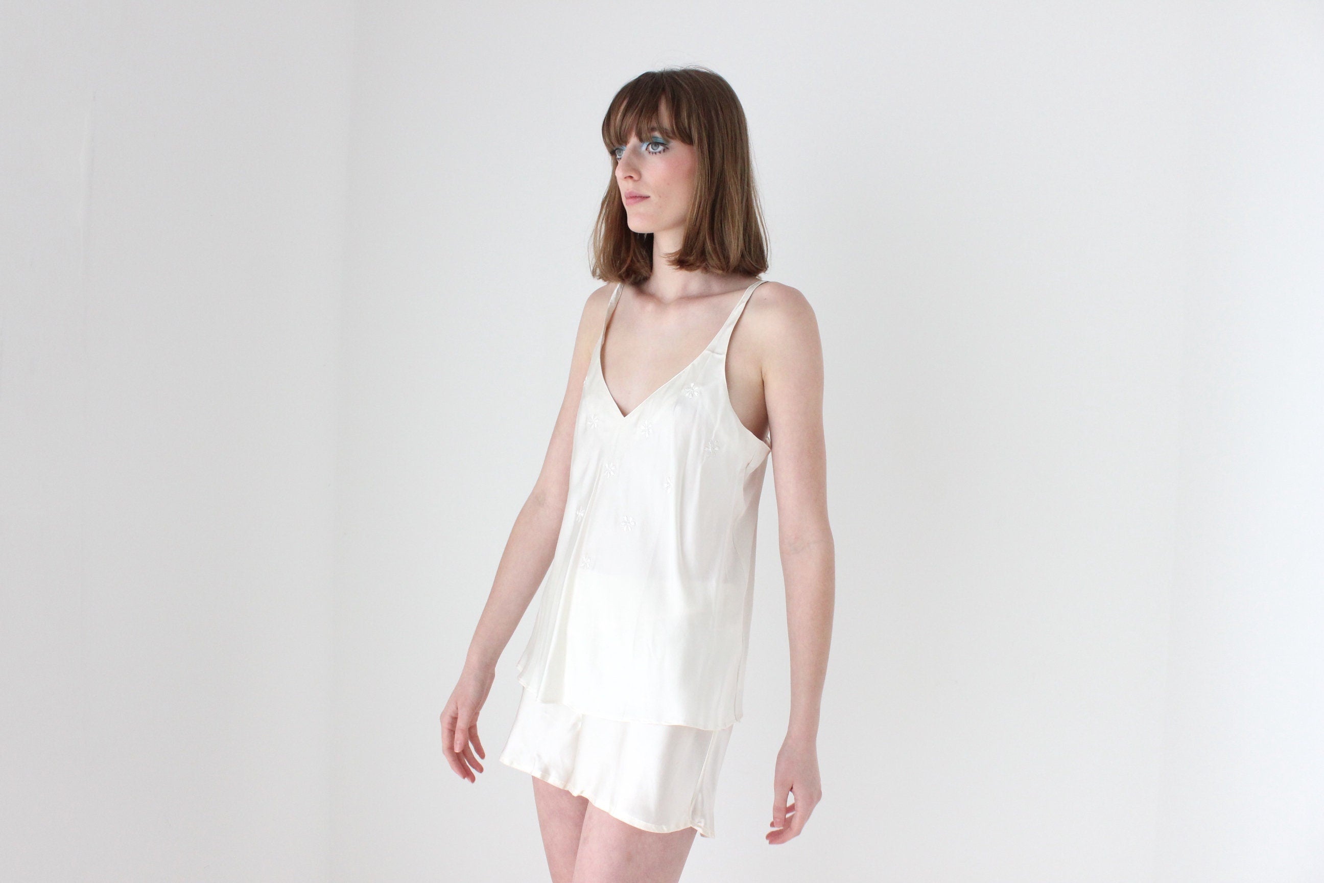 90s PURE SILK Snow White Minimal Top & Shorts Pyjama Set