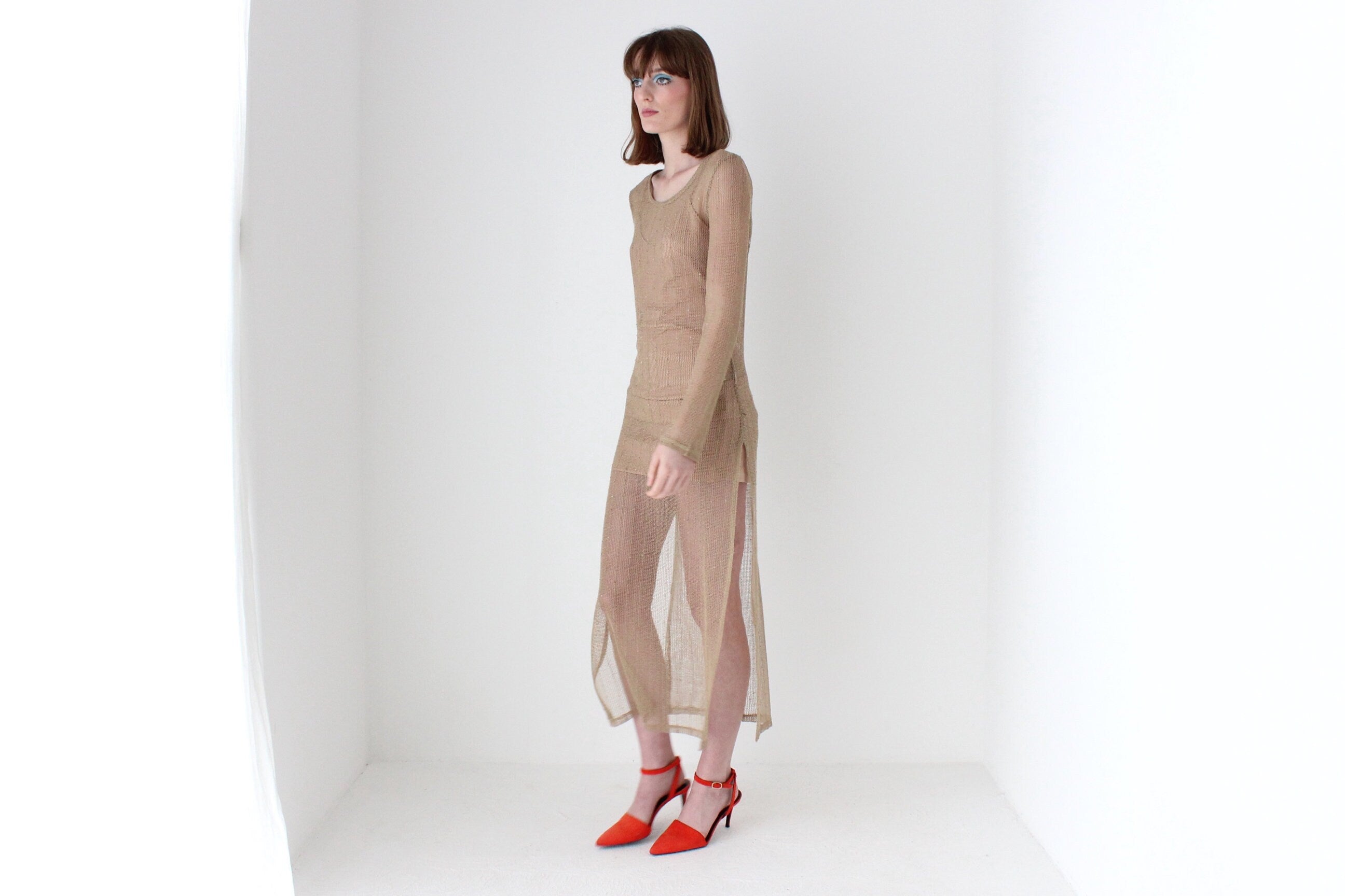 Y2K Flesh Mesh Fishnet Open Knit Long Sleeve Sheath Dress