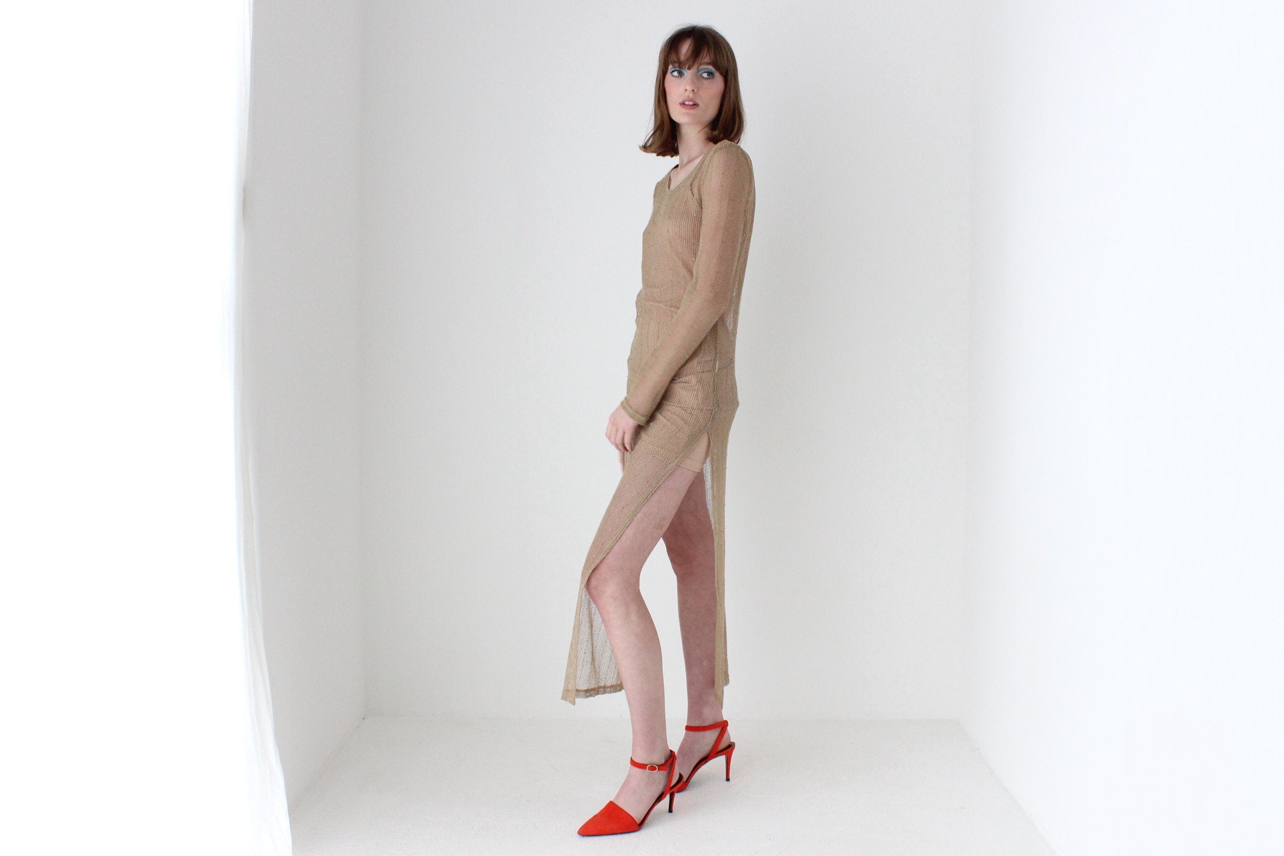 Y2K Flesh Mesh Fishnet Open Knit Long Sleeve Sheath Dress