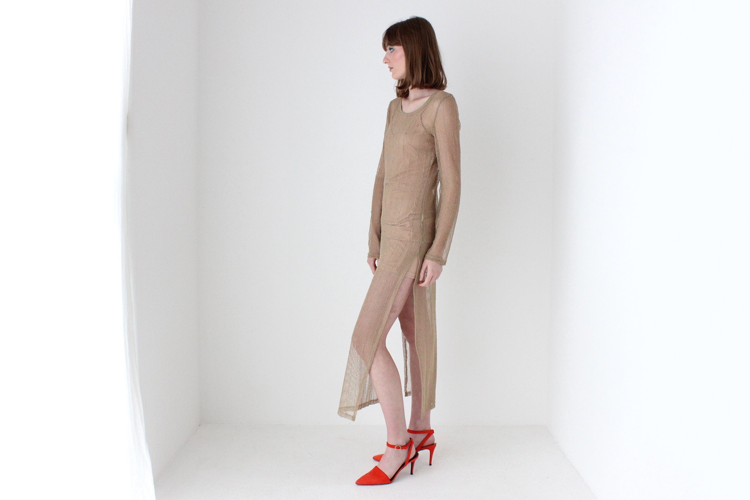Y2K Flesh Mesh Fishnet Open Knit Long Sleeve Sheath Dress