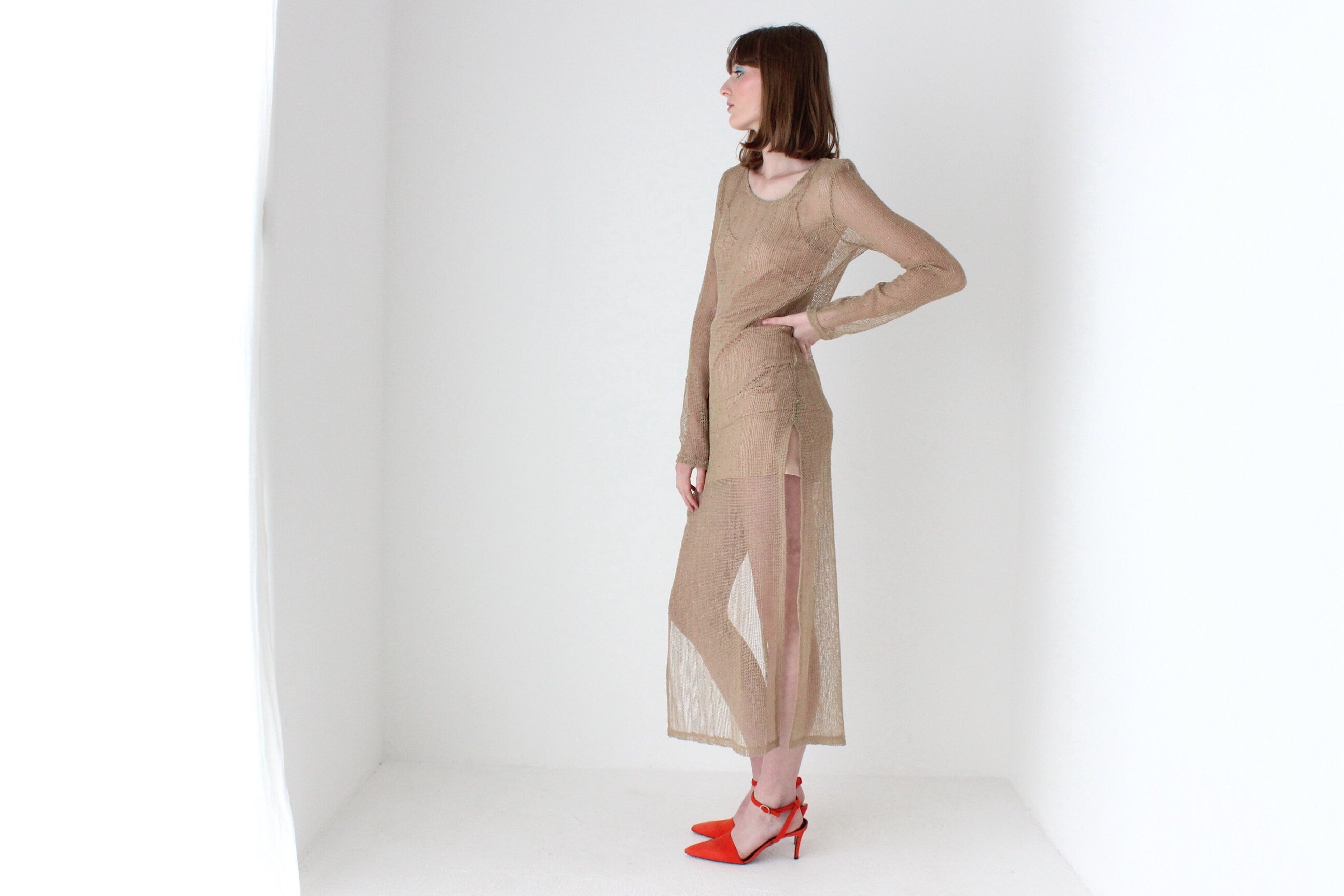 Y2K Flesh Mesh Fishnet Open Knit Long Sleeve Sheath Dress