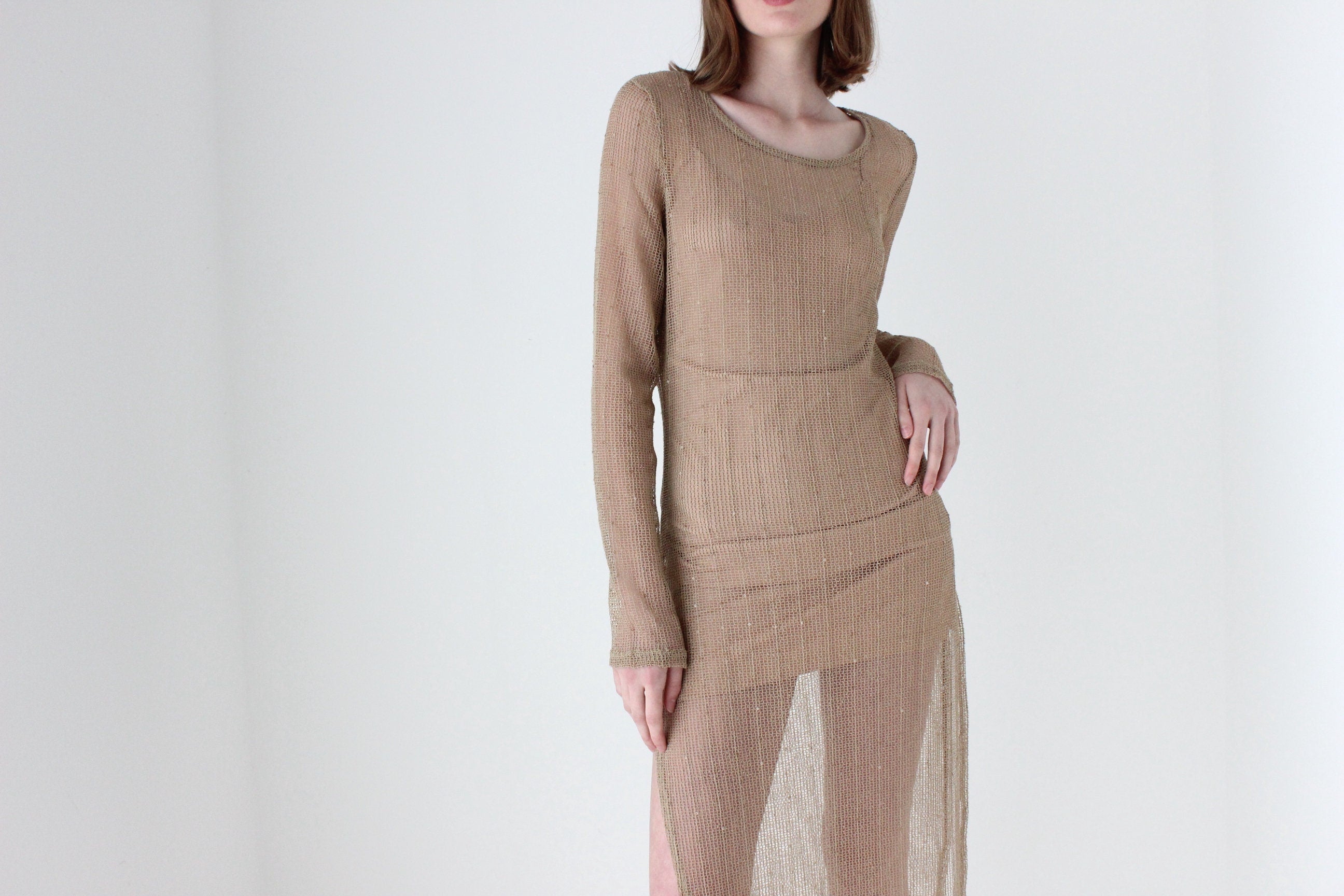 Y2K Flesh Mesh Fishnet Open Knit Long Sleeve Sheath Dress