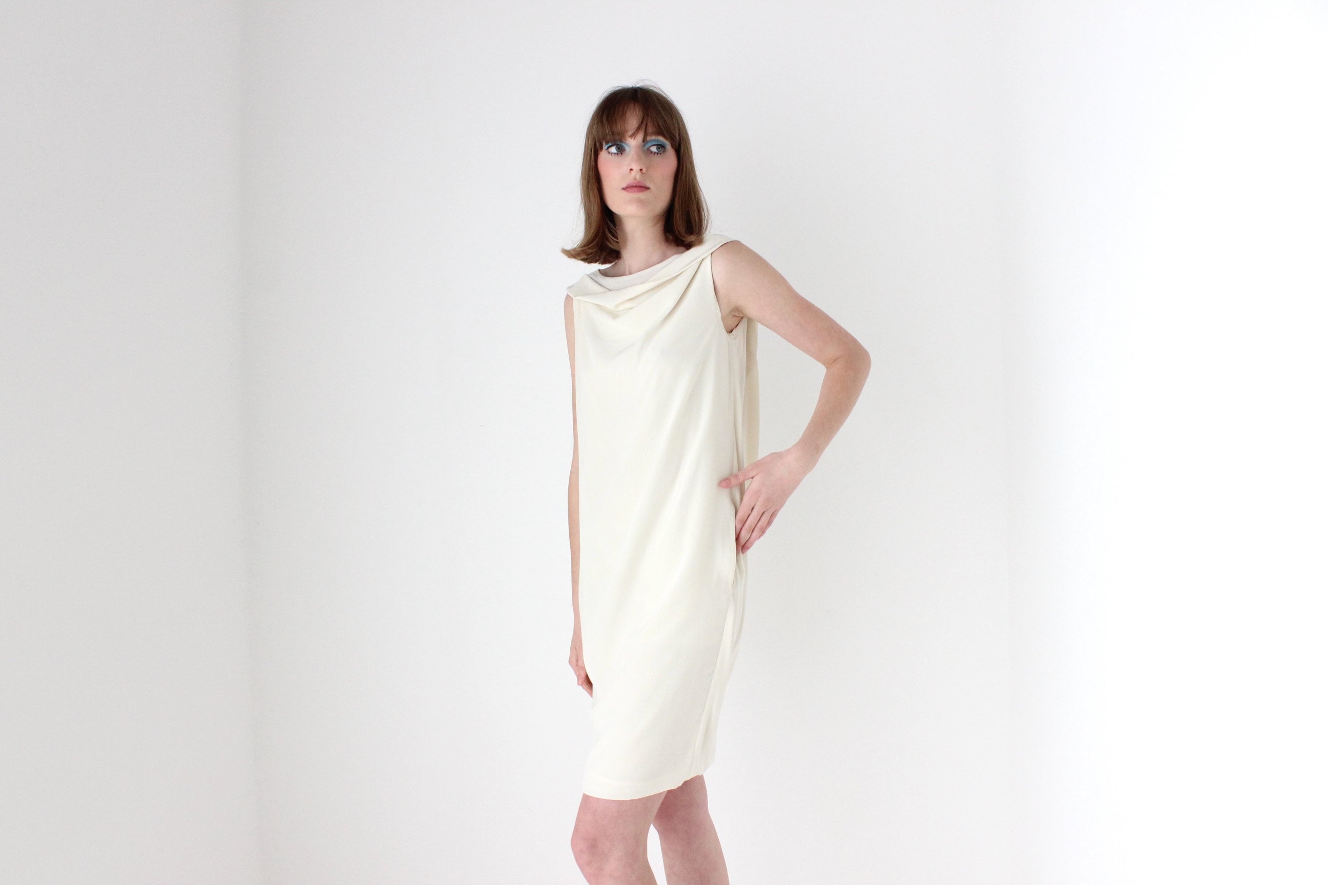Moschino 90s Ivory Silk Draped Cocktail Dress