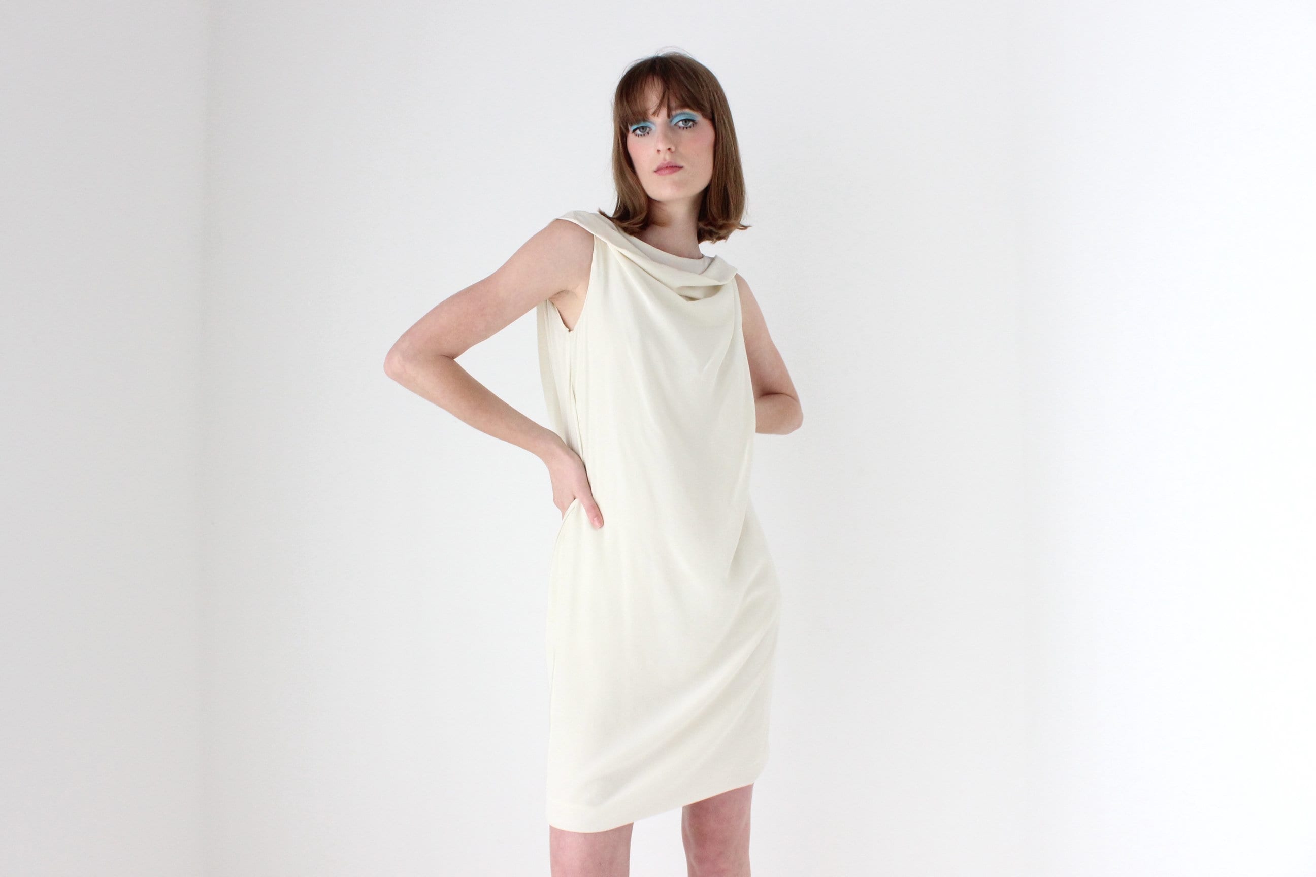 Moschino 90s Ivory Silk Draped Cocktail Dress