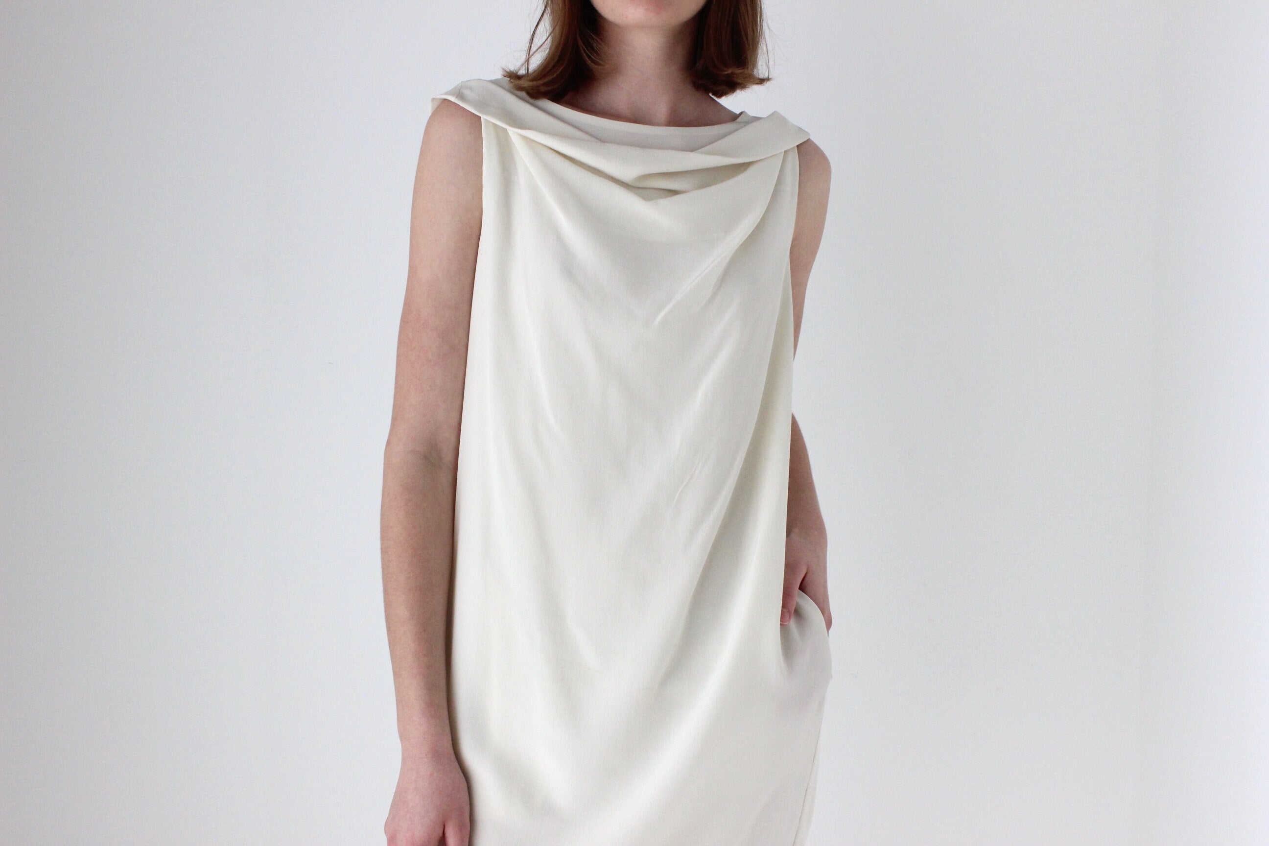 Moschino 90s Ivory Silk Draped Cocktail Dress