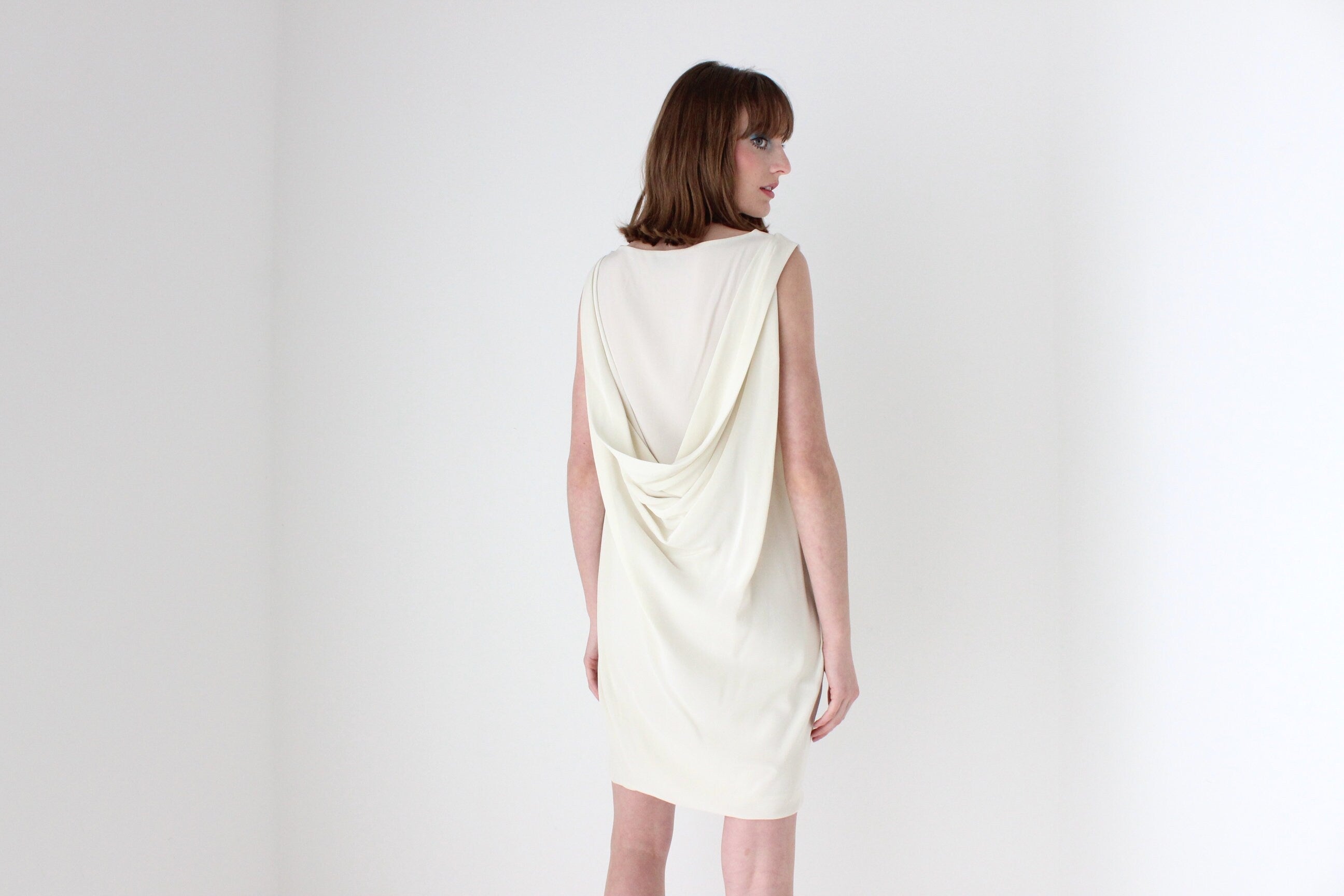 Moschino 90s Ivory Silk Draped Cocktail Dress