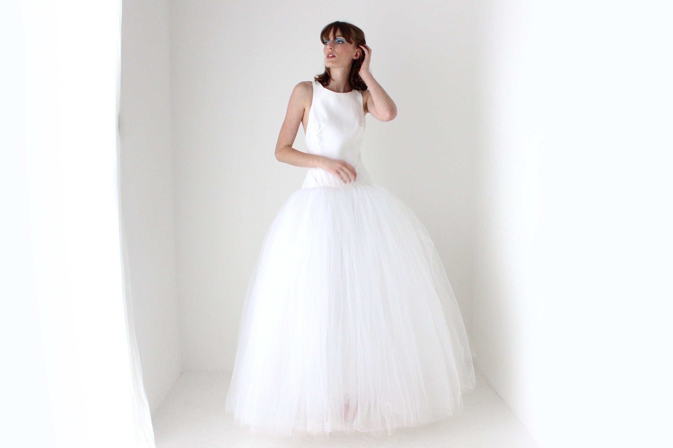 90s Custom Made Bridal - High Neck & Voluminous Tulle Wedding Gown
