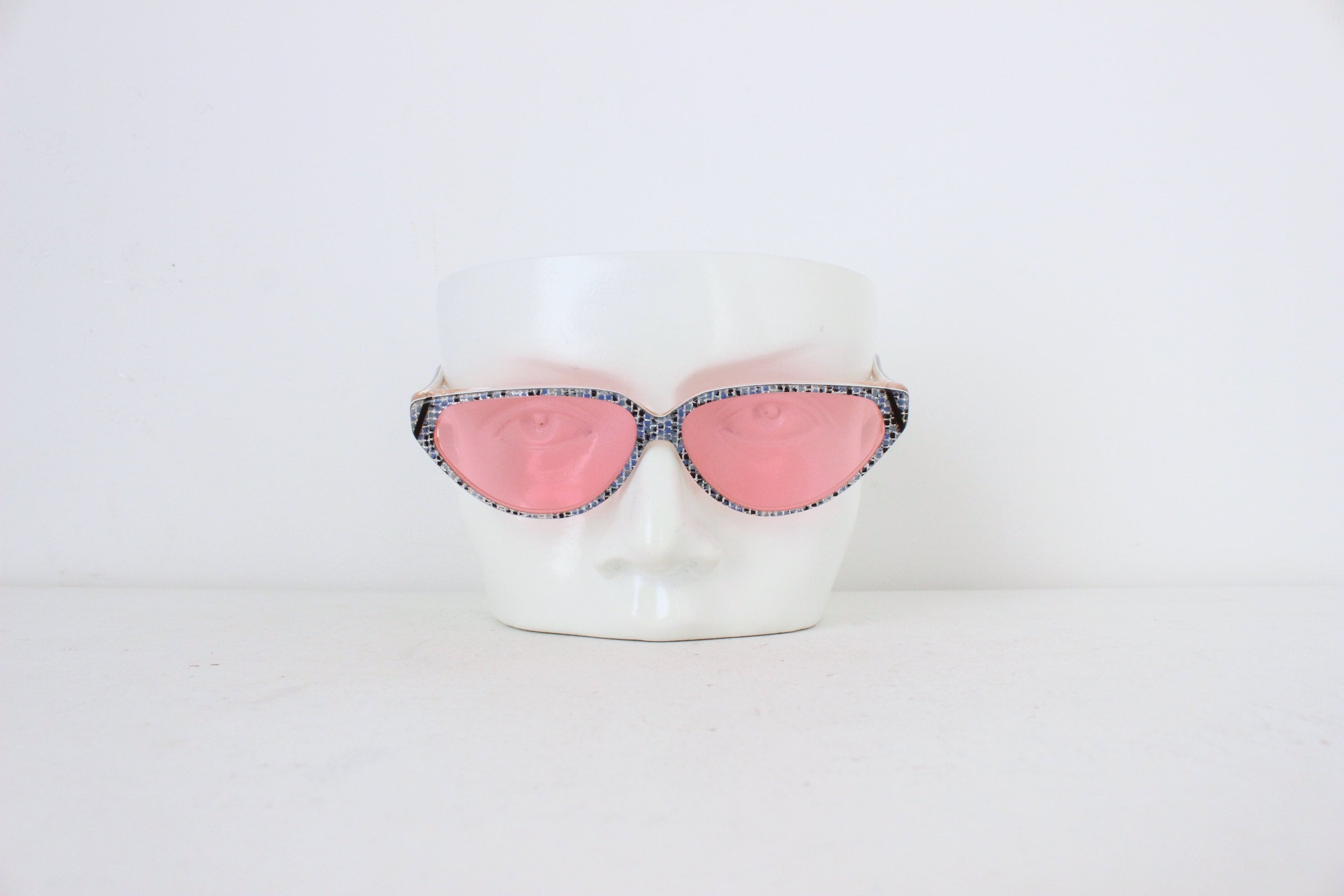 1980s Jean Patou Paris Blue Glitter Cat Eye Sunglasses w/ Pink Lenses