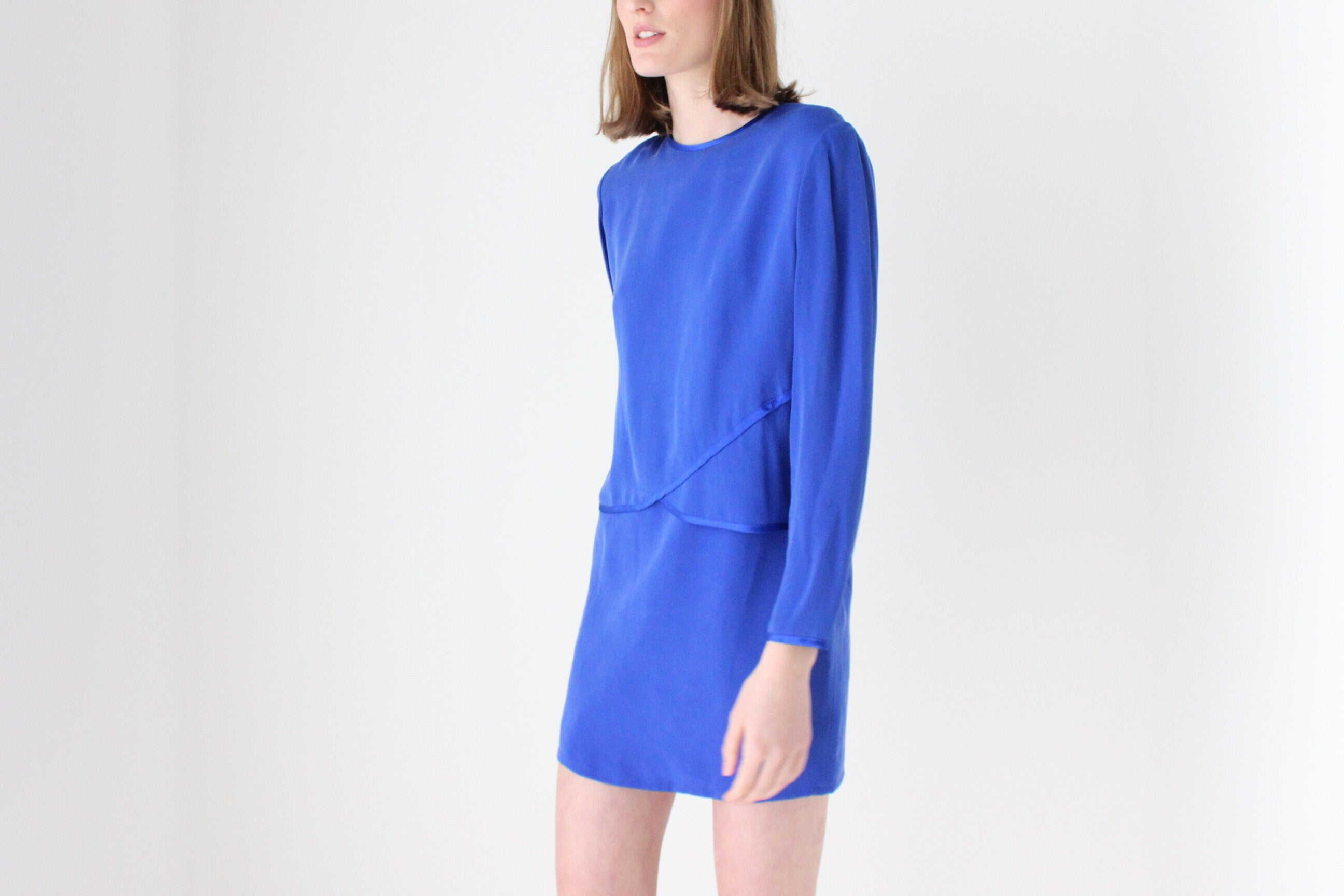 80s Cobalt Silk Long Sleeve Mini Shift Dress