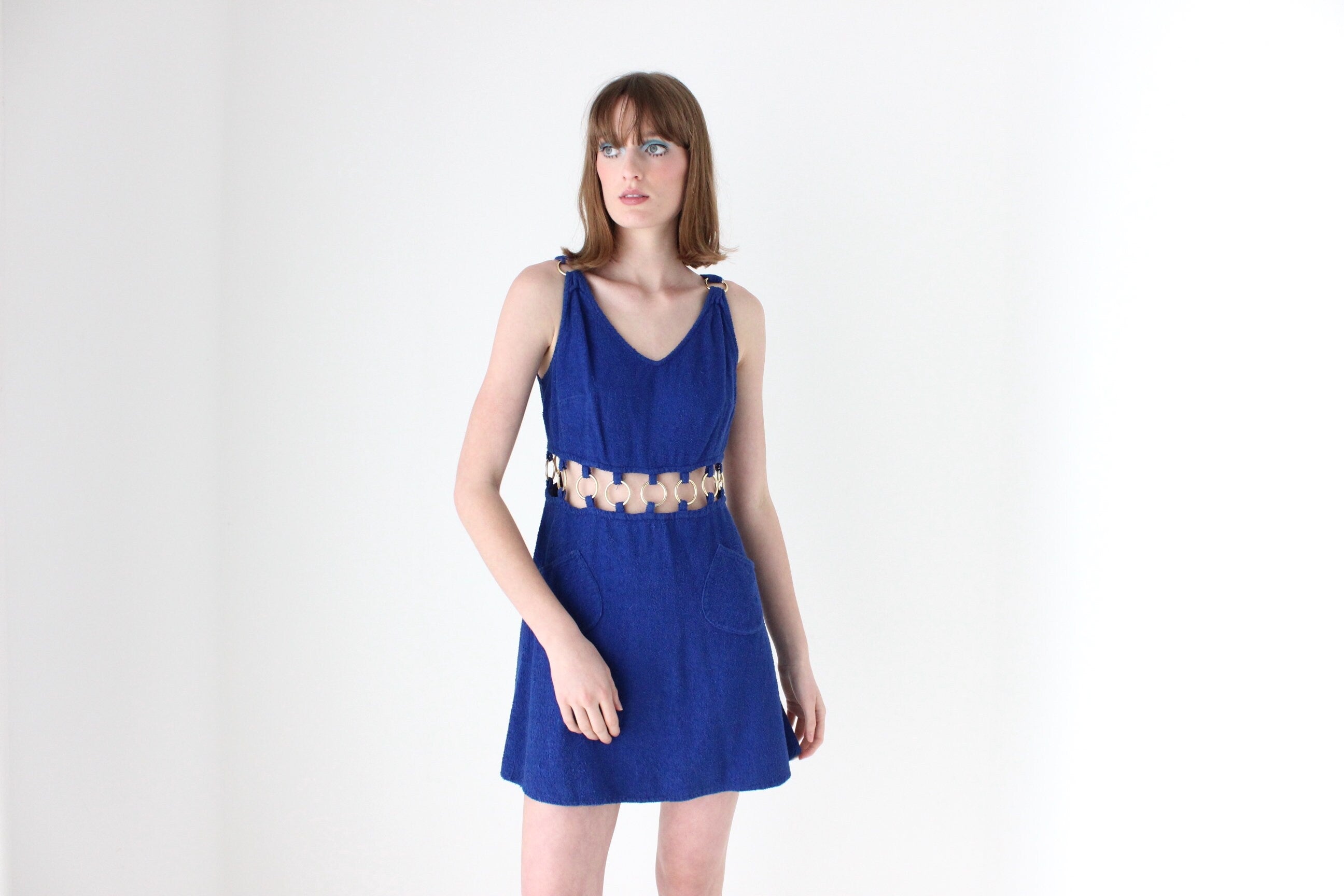 70s French Vintage Towelling Mini w/ Gold O-Ring Cut Outs