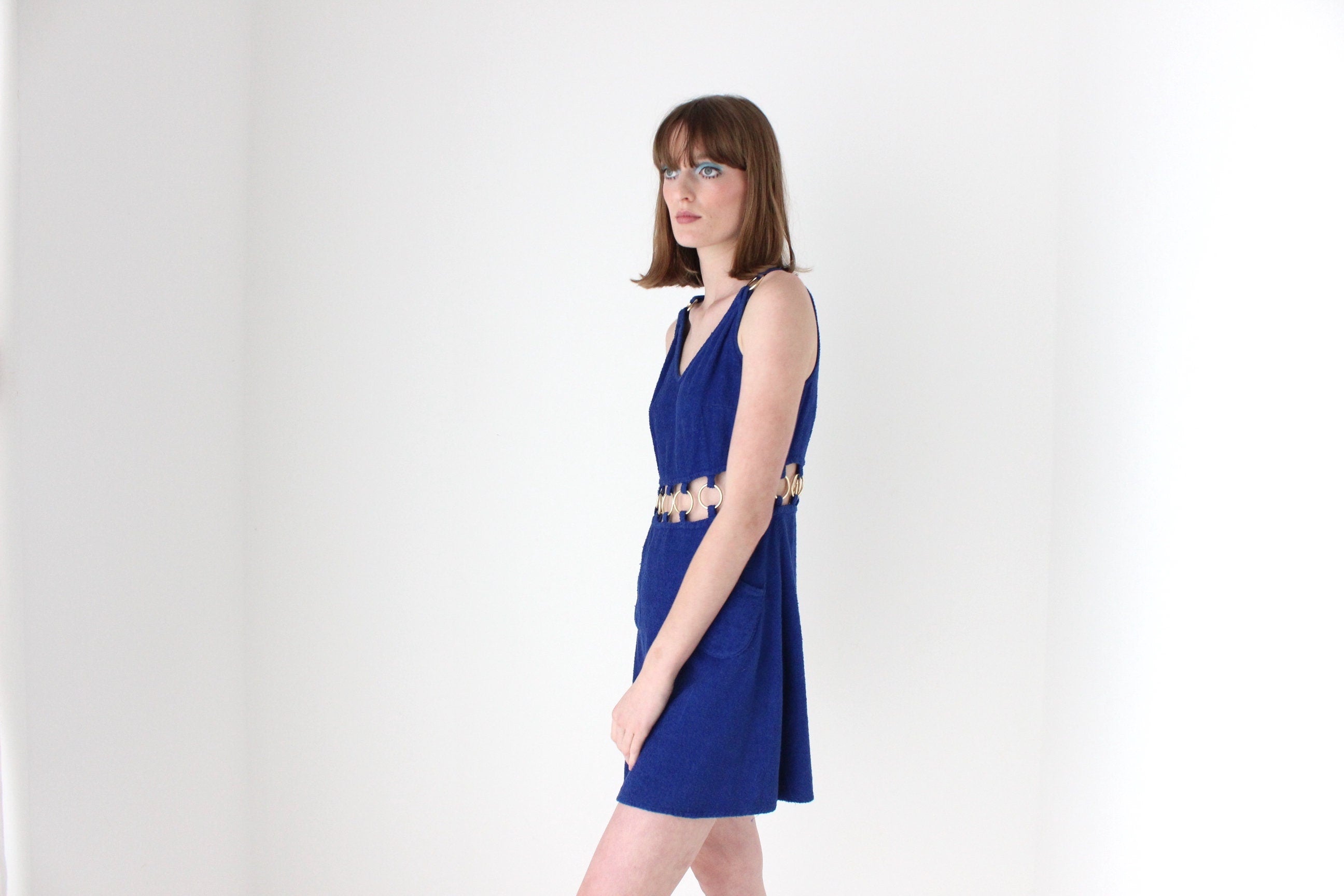 70s French Vintage Towelling Mini w/ Gold O-Ring Cut Outs
