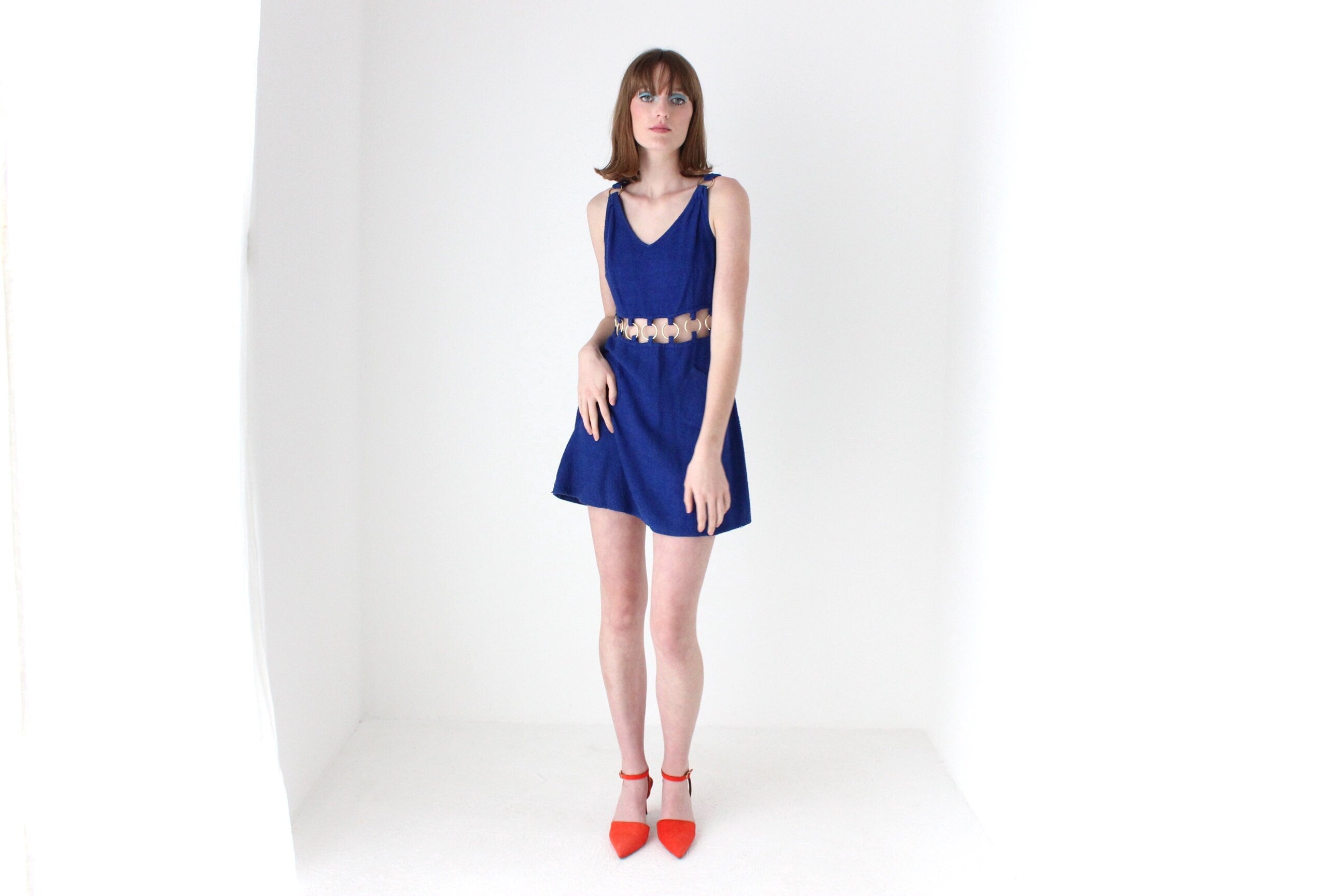 70s French Vintage Towelling Mini w/ Gold O-Ring Cut Outs