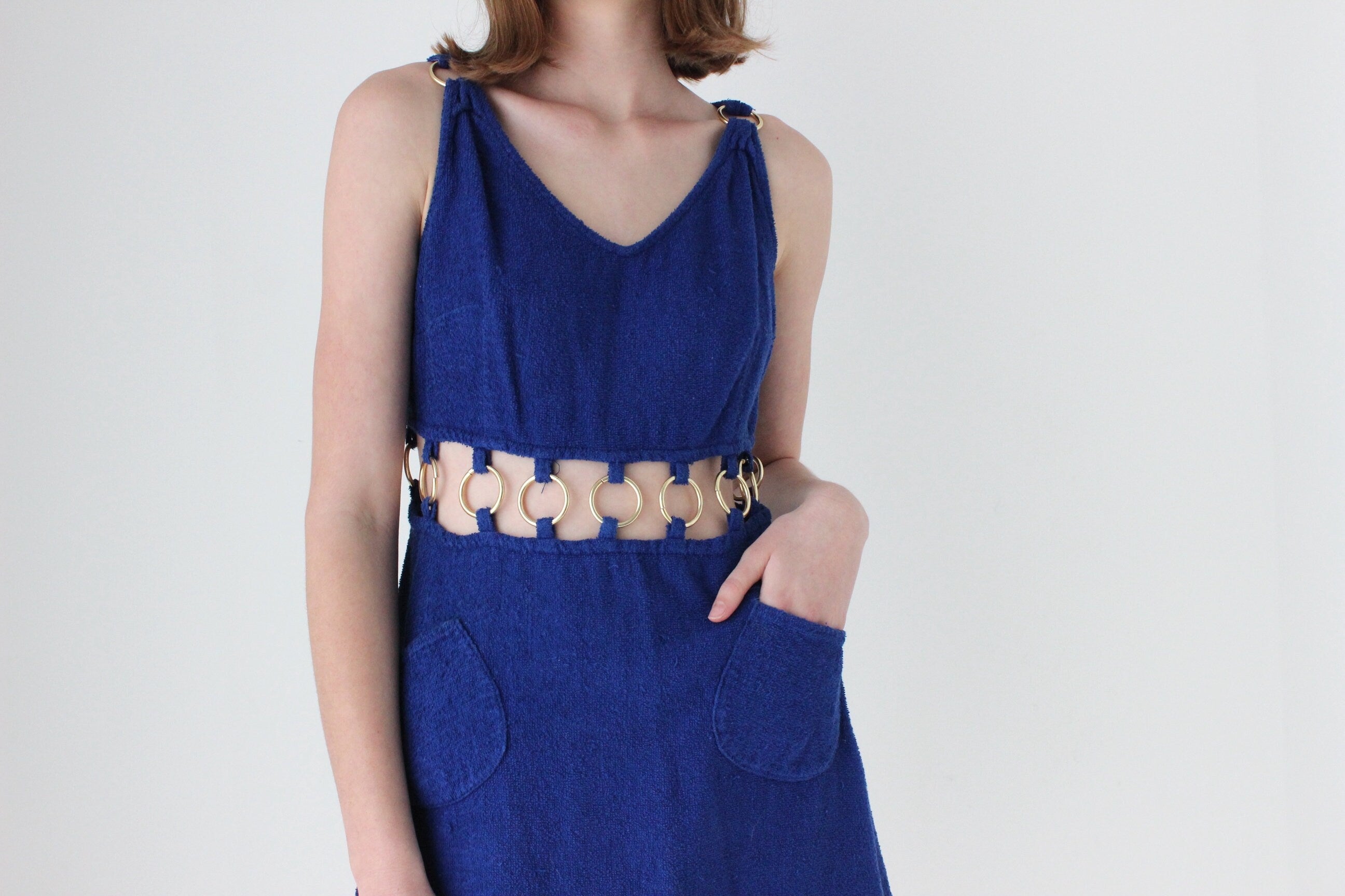 70s French Vintage Towelling Mini w/ Gold O-Ring Cut Outs