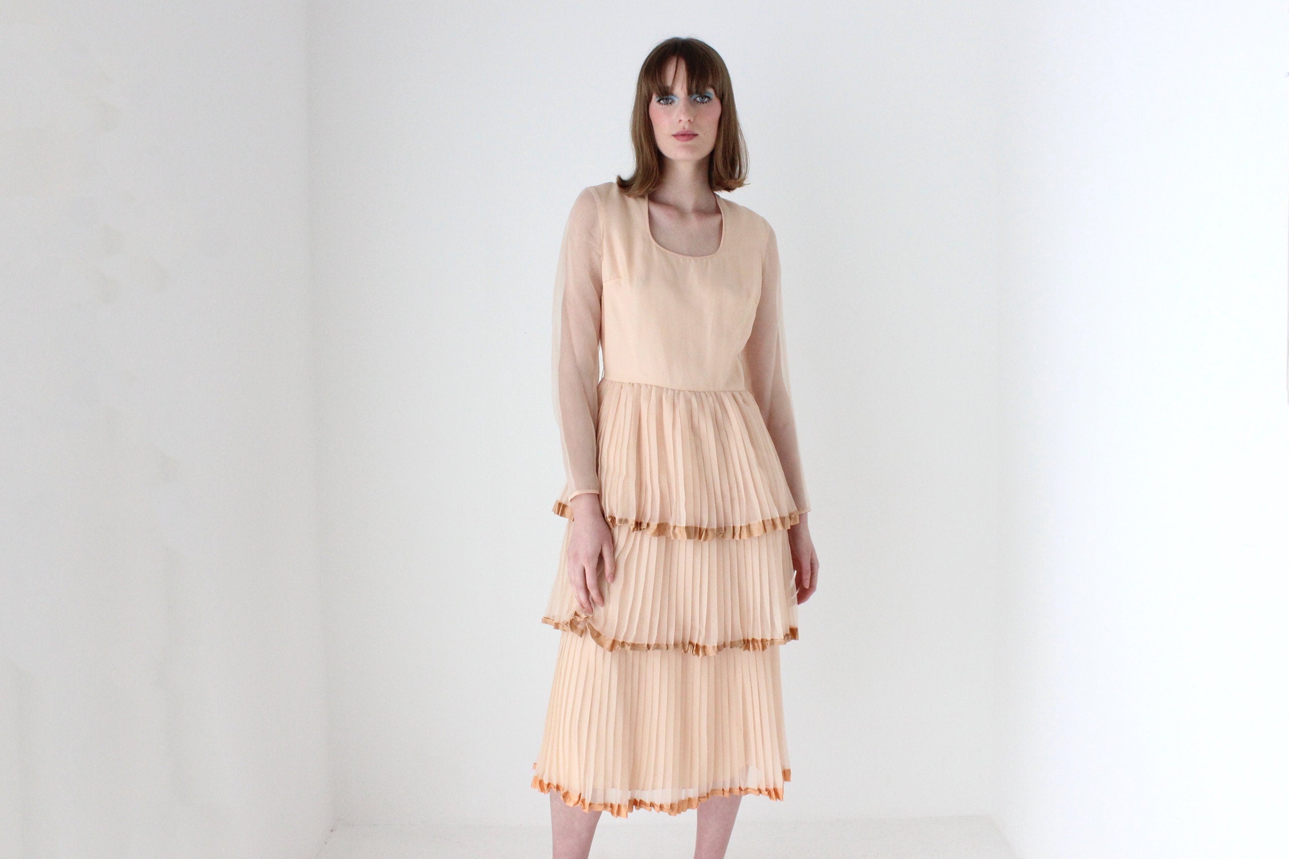 70s Tiered Pleated Pastel Cocktail Dress