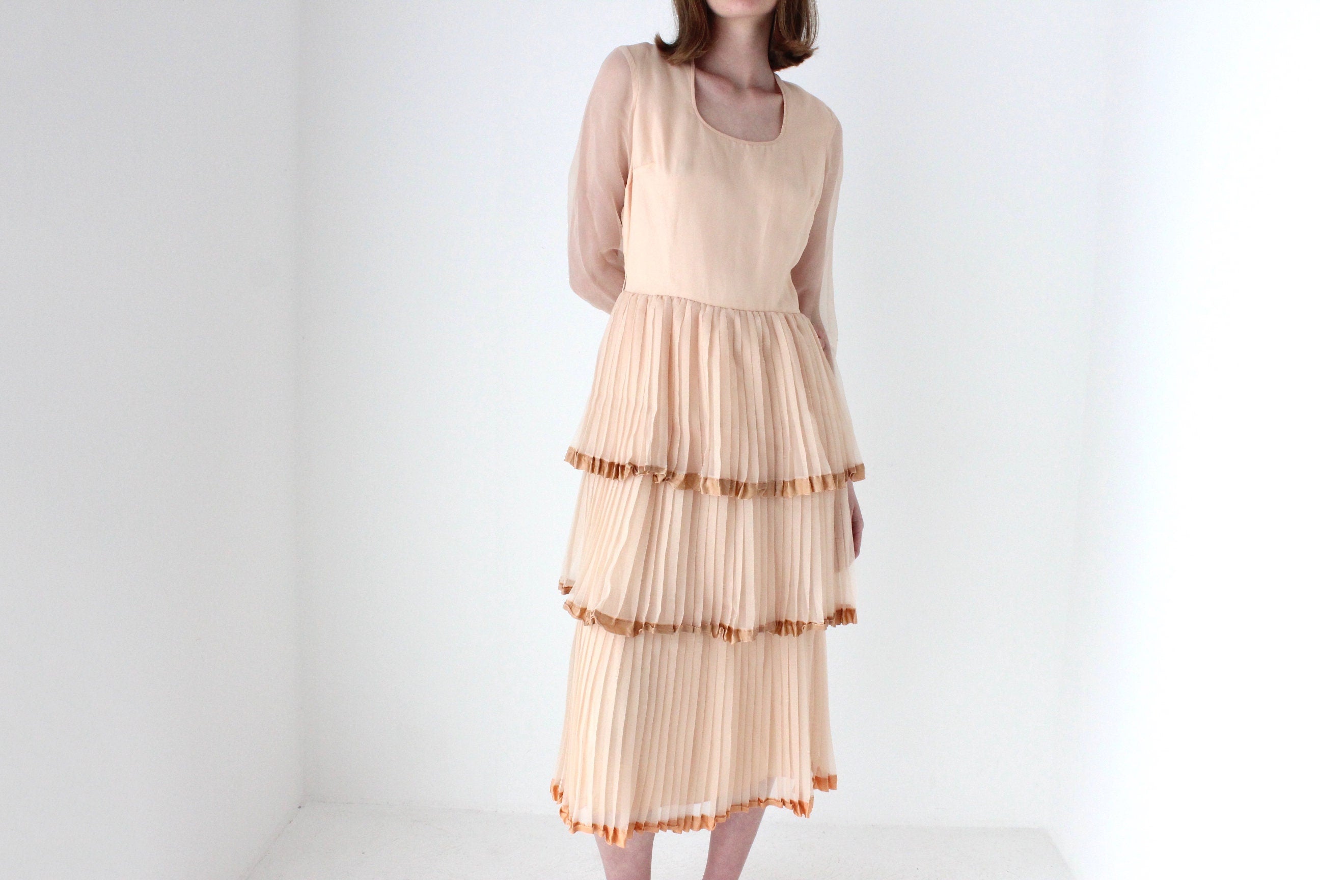 70s Tiered Pleated Pastel Cocktail Dress
