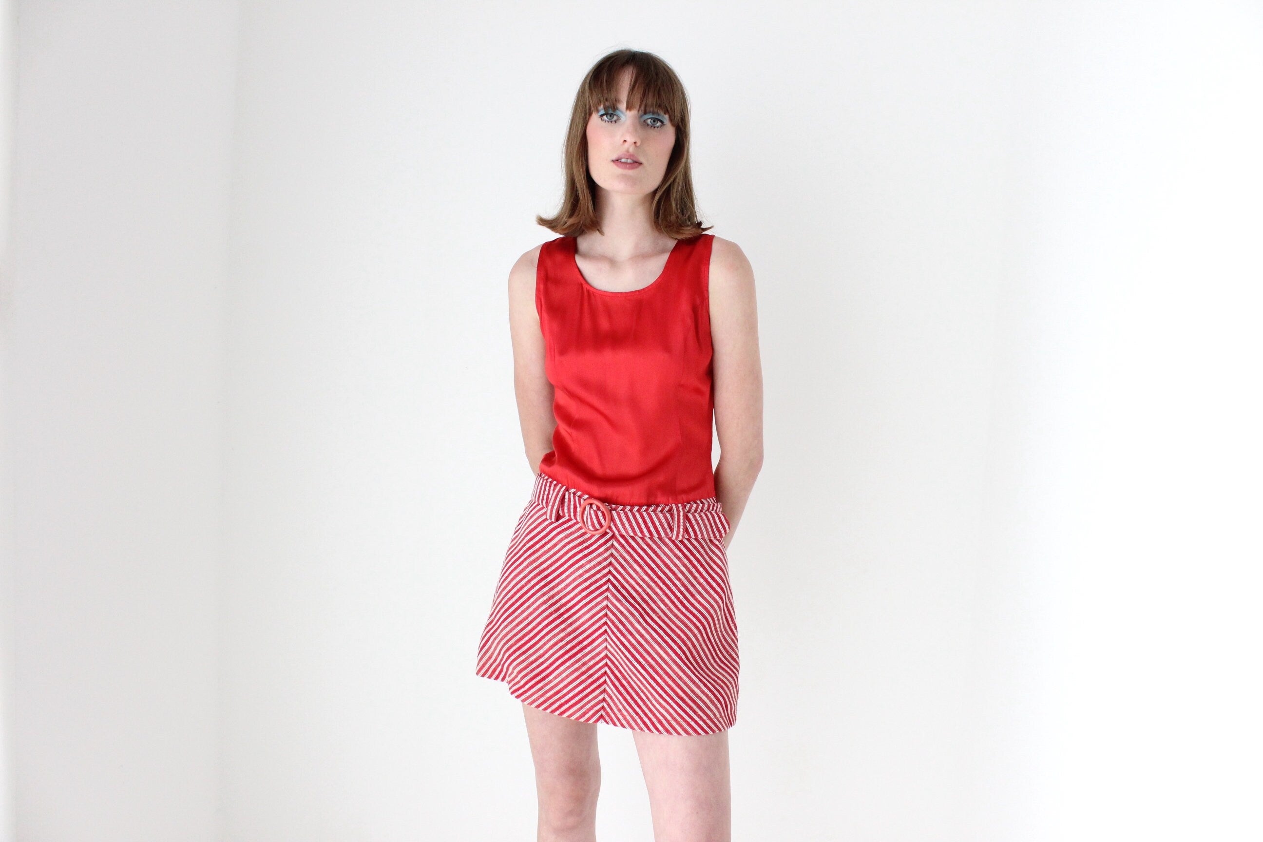 70s Mod A-Line Chevron Mini Dress w/ Matching Belt