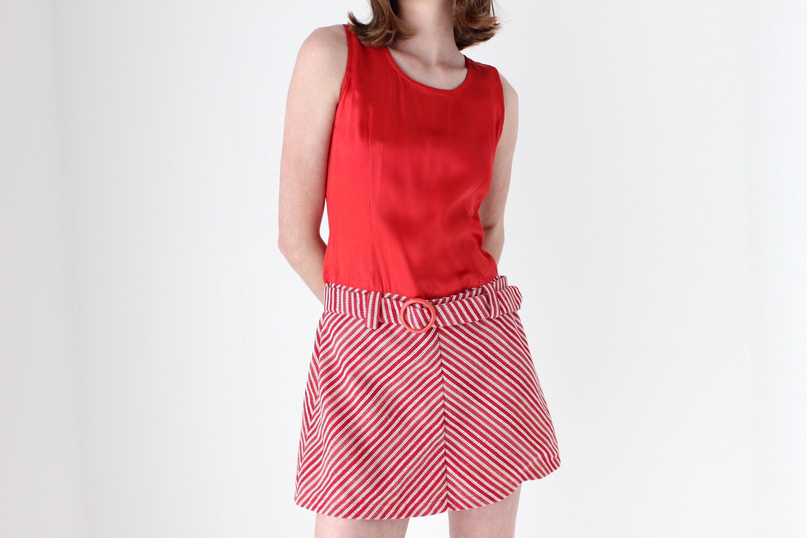 70s Mod A-Line Chevron Mini Dress w/ Matching Belt