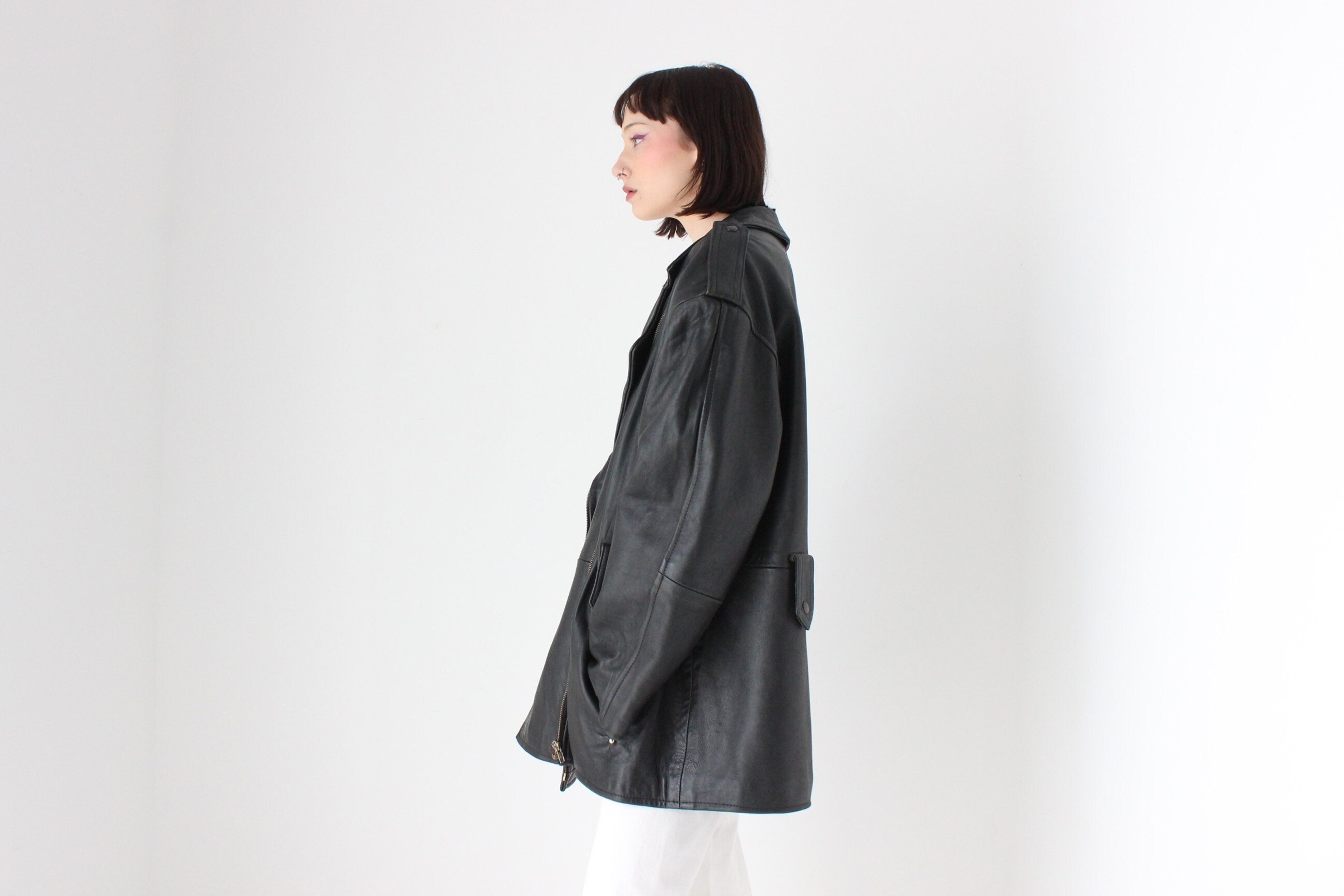 Oversized XXL 90s Boyfriend {Genuine Leather} Boxy Moto Jacket