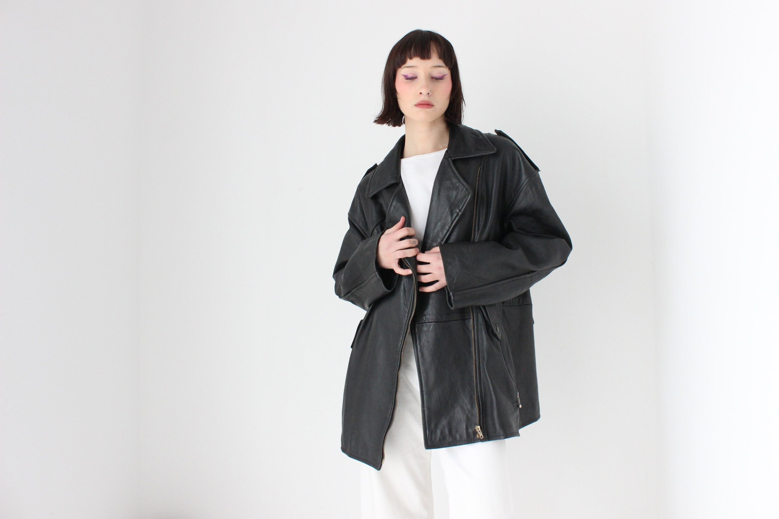 Oversized XXL 90s Boyfriend {Genuine Leather} Boxy Moto Jacket