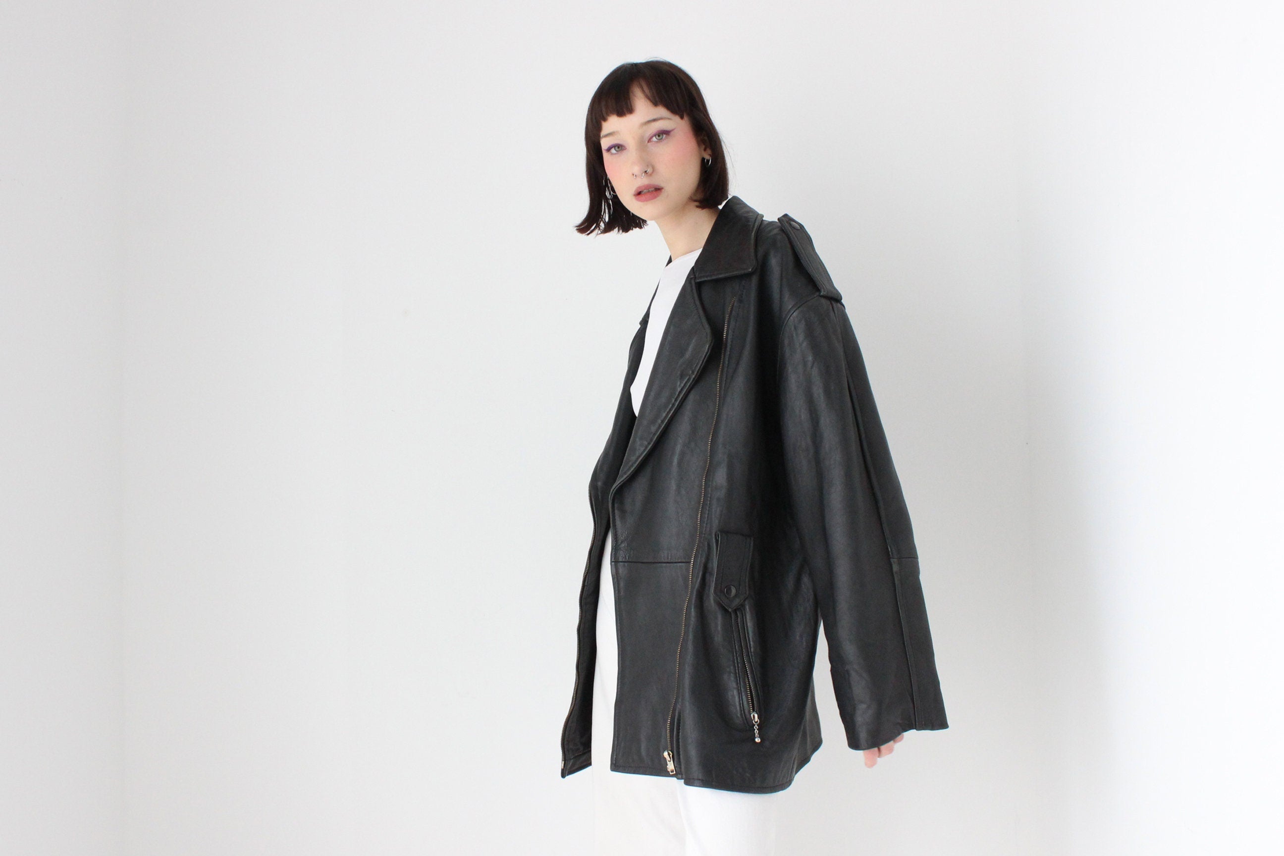Oversized XXL 90s Boyfriend {Genuine Leather} Boxy Moto Jacket